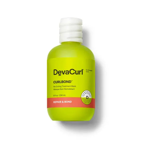 A bottle of DevaCurl Curlbond Re-Curling Treatment Mask, Repair & Bond, in a bright lime green bottle with a white cap, set against a plain white background with a soft drop shadow.