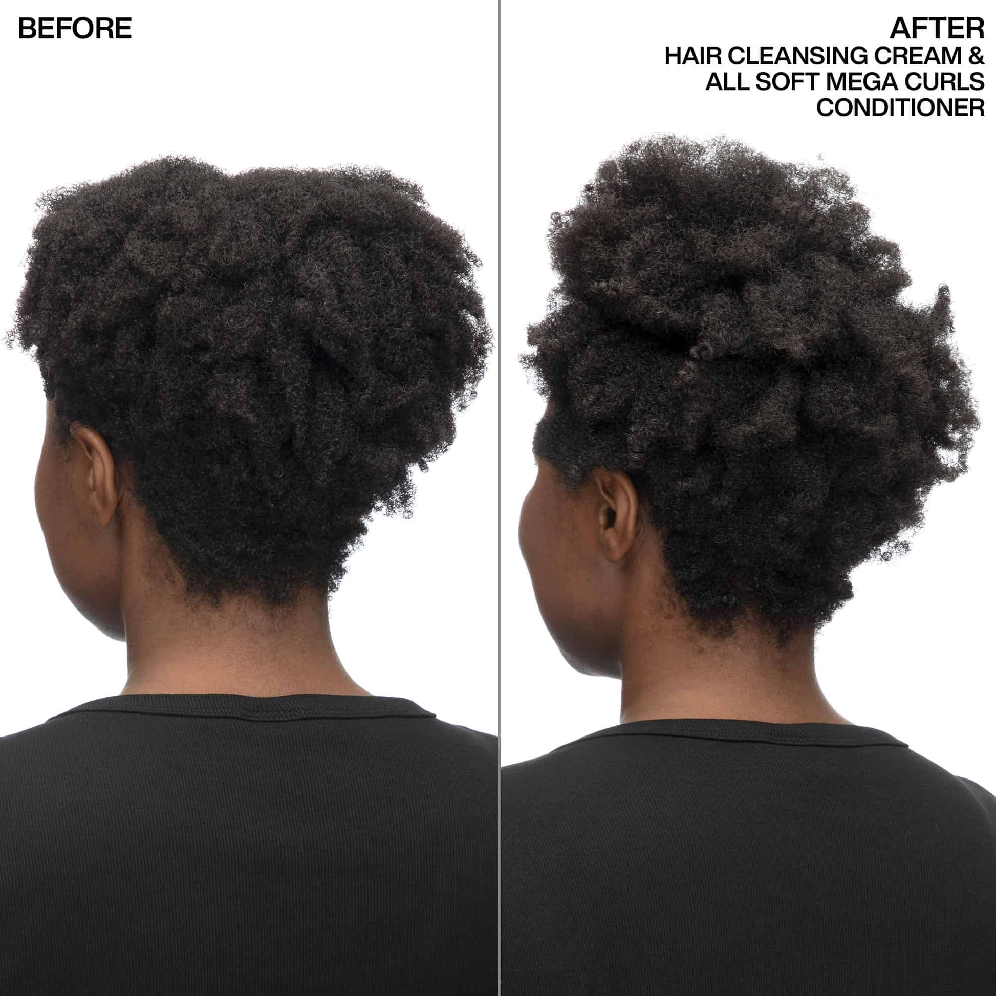 Before and after comparison of hair using Hair Cleansing Cream & All Soft Mega Curls Conditioner.