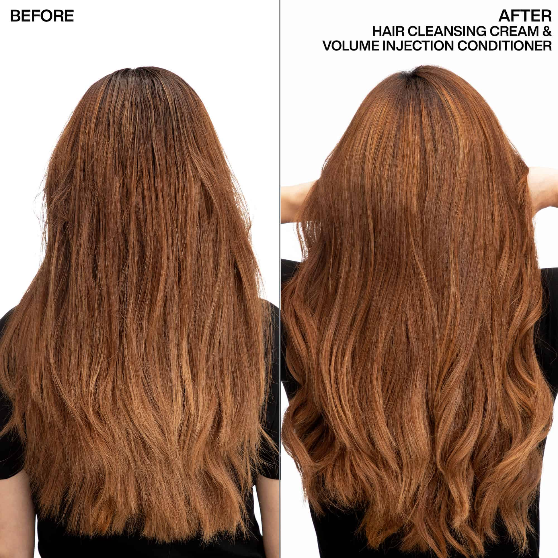 Before and after comparison of hair using a hair cleansing cream and volume injection conditioner.