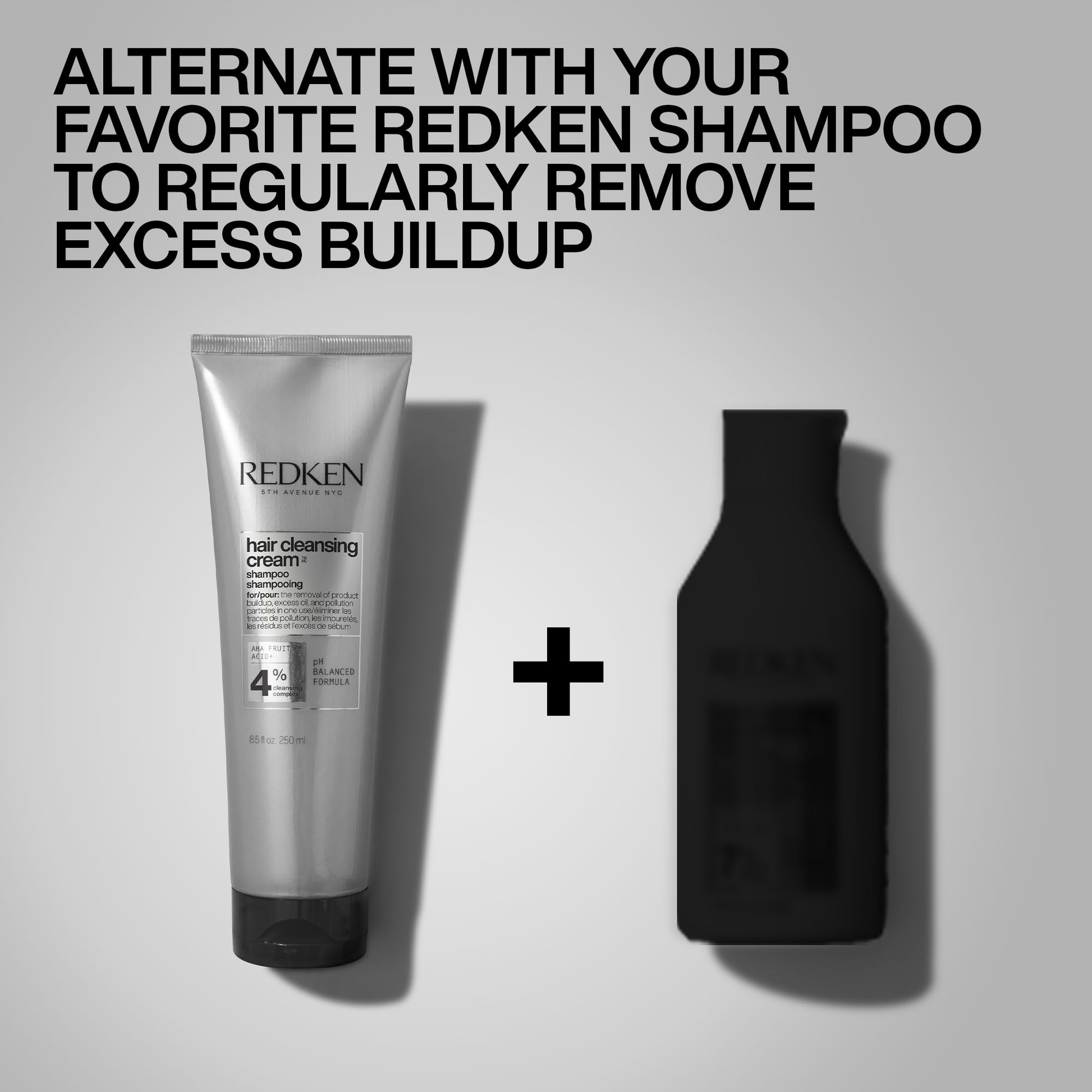 Redken shampoo bottle and cleansing cream on a gray background with text.