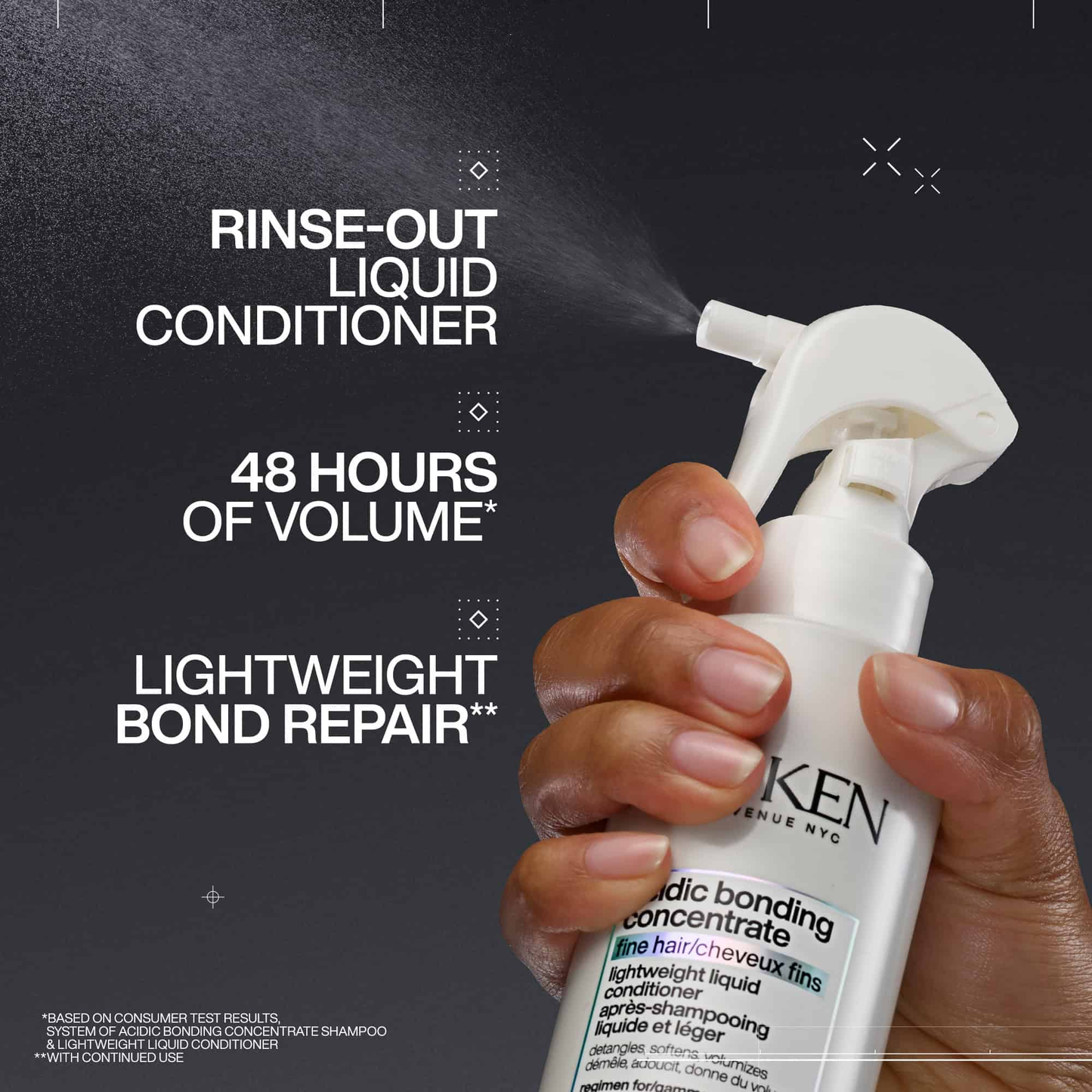 Hand holding a Kenra rinse-out liquid conditioner bottle with product features text on a dark background