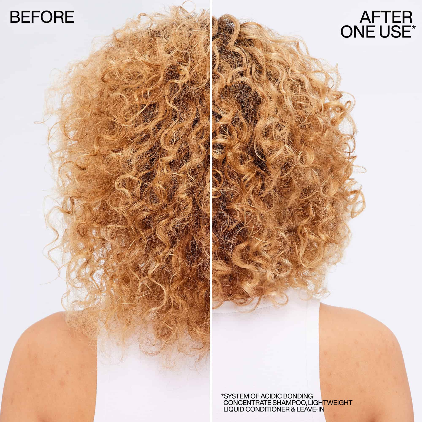 Before and after comparison of curly hair with text indicating product use.