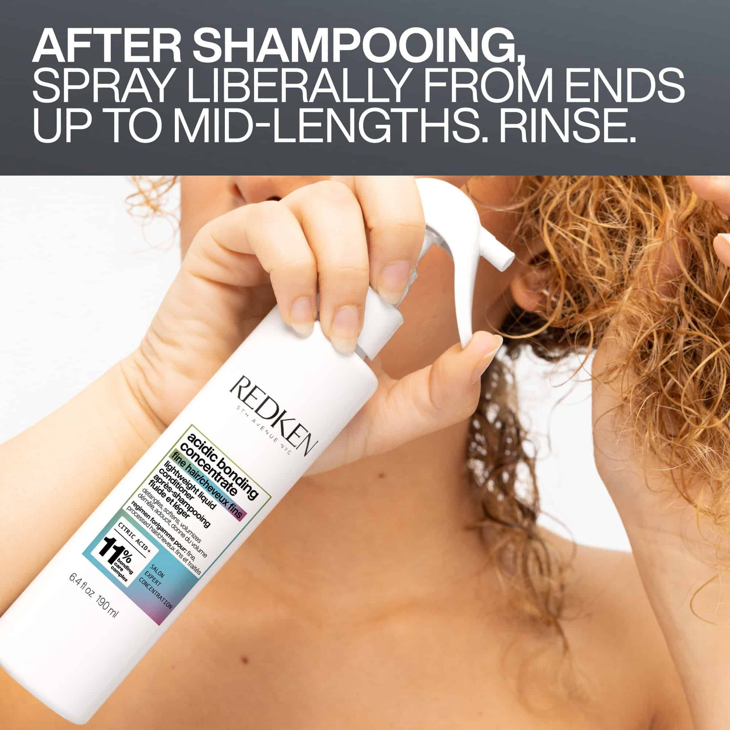 Person using a Redken hair care product with text on how to use it.