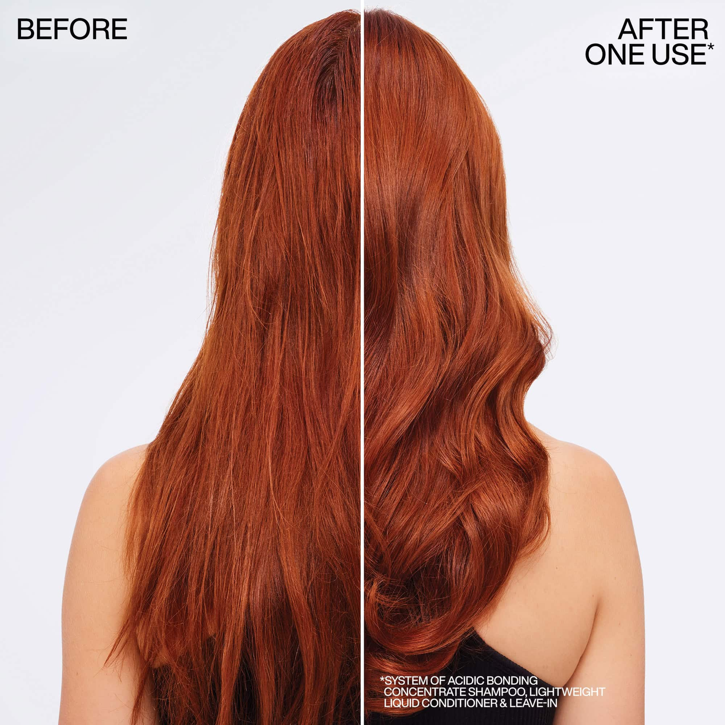Before and after comparison of red hair with styling product application.