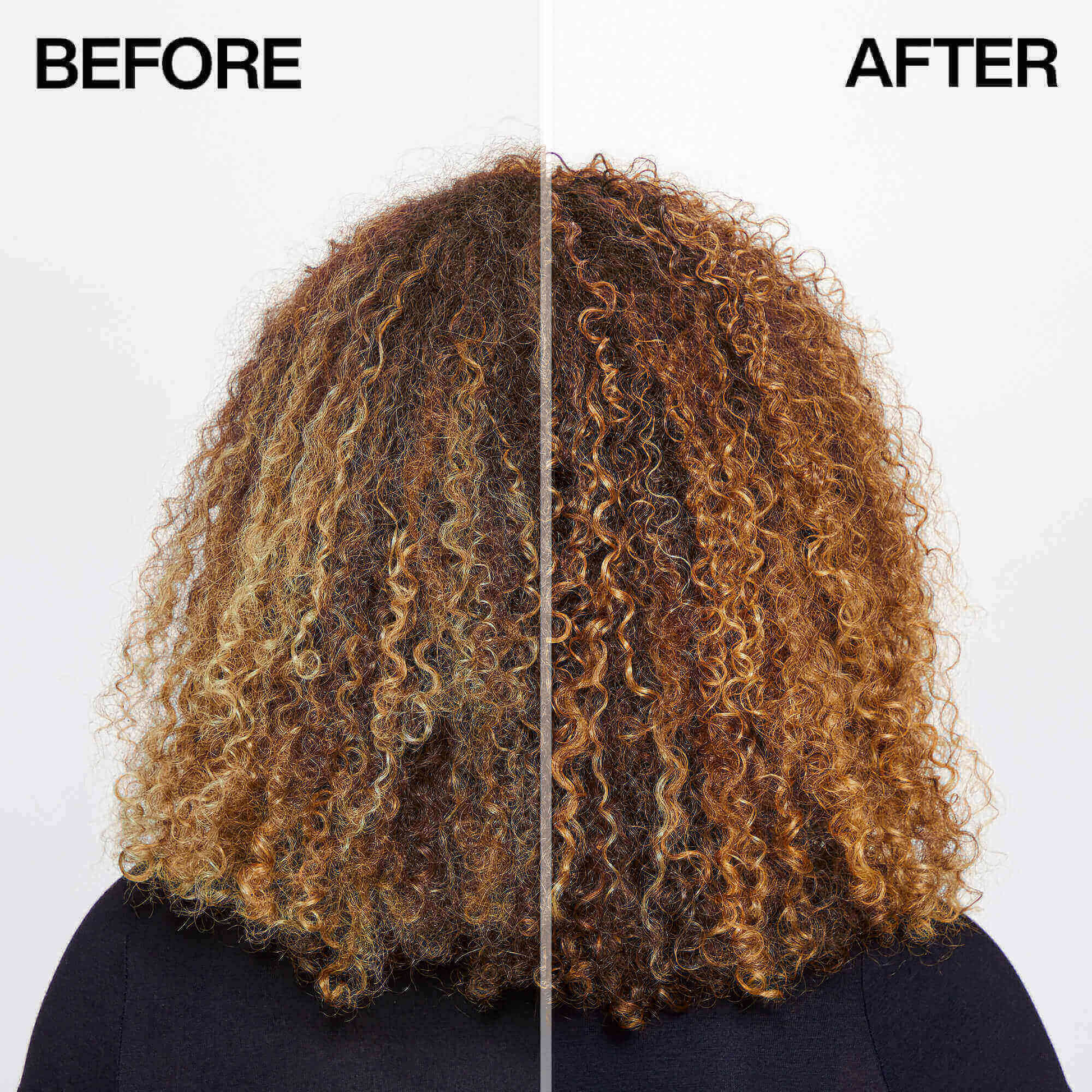 Before and after comparison of curly hair on a person with a plain background