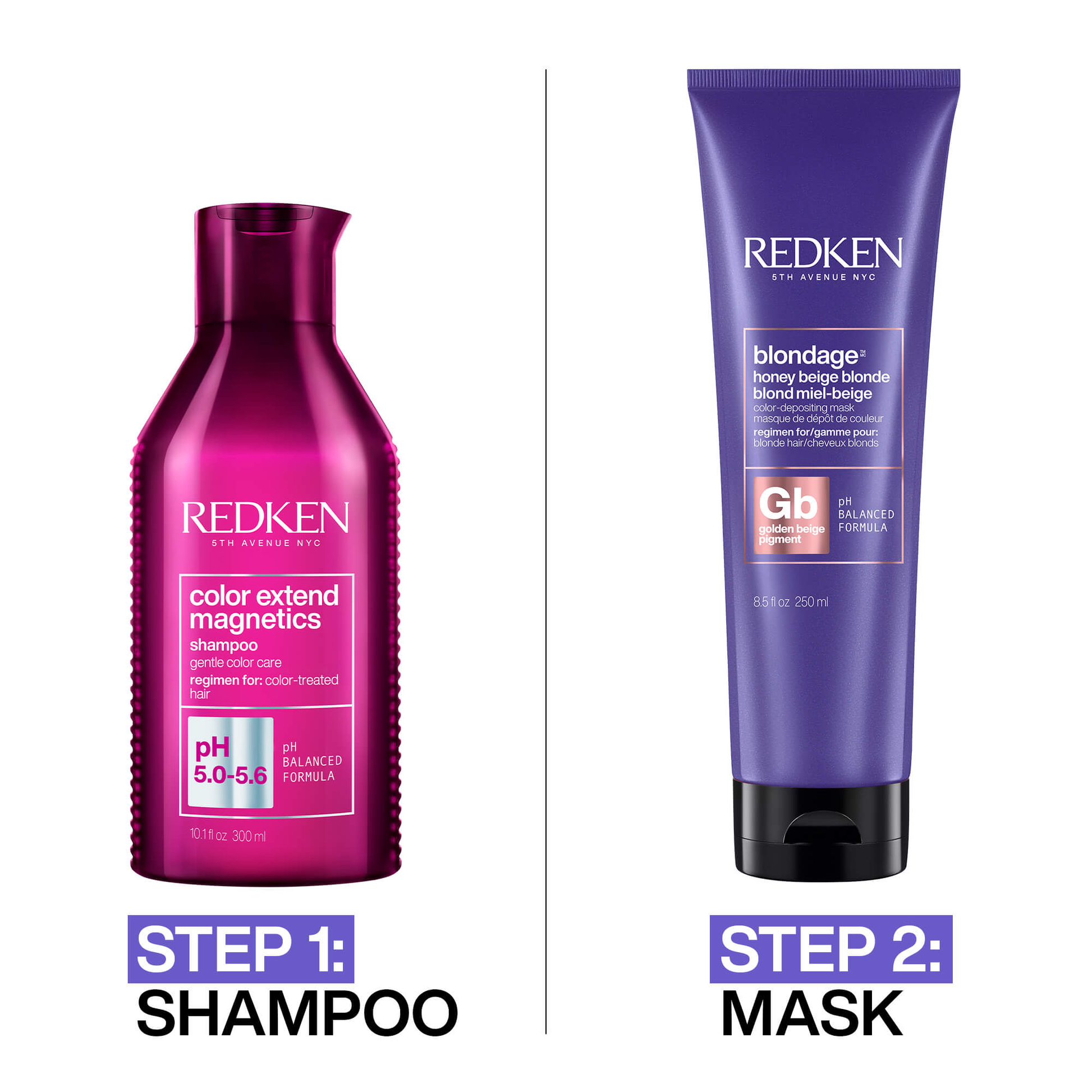 Redken shampoo and mask bottles with step-by-step instructions on a white background