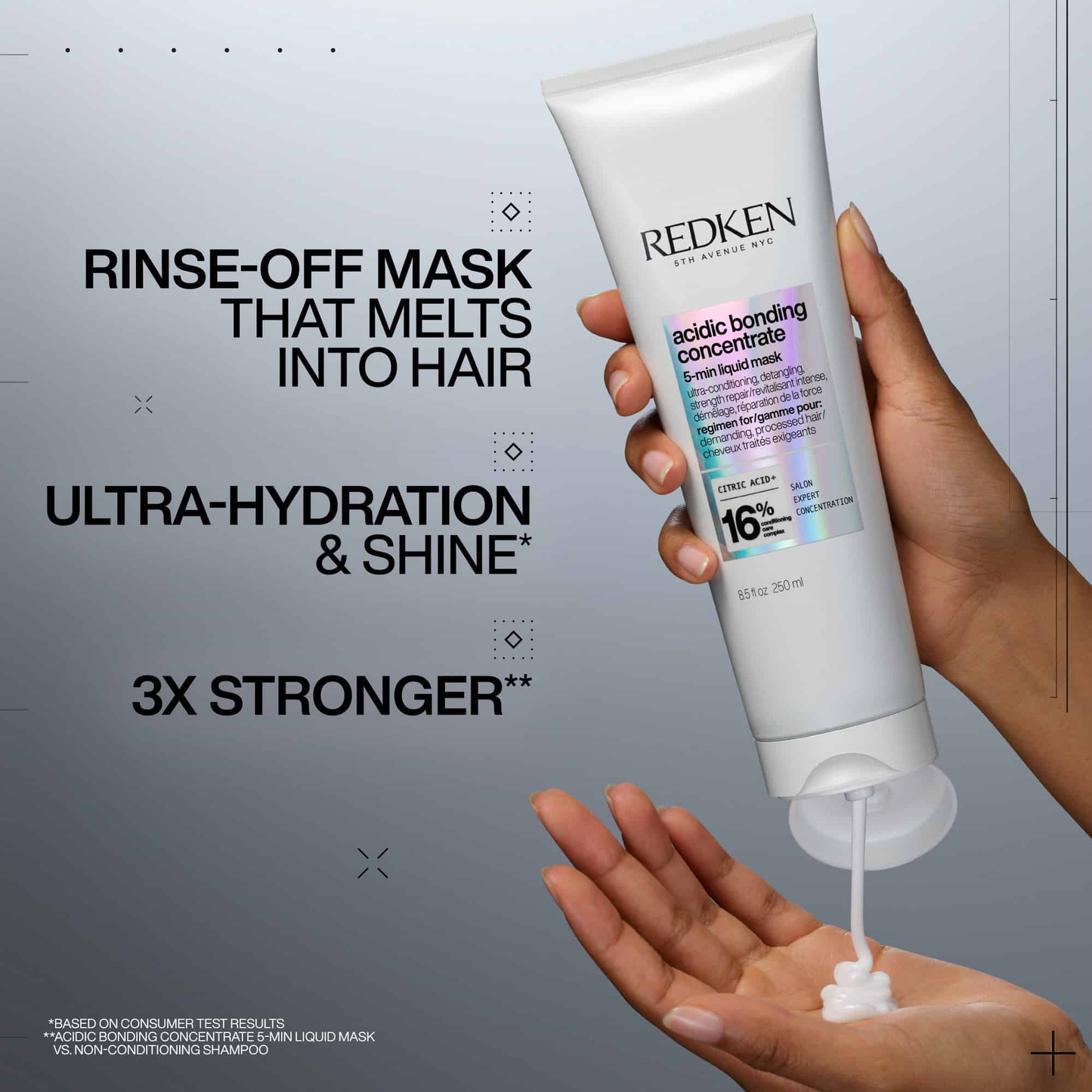 Redken hair mask being held and dispensed onto a hand with promotional text on a gray background