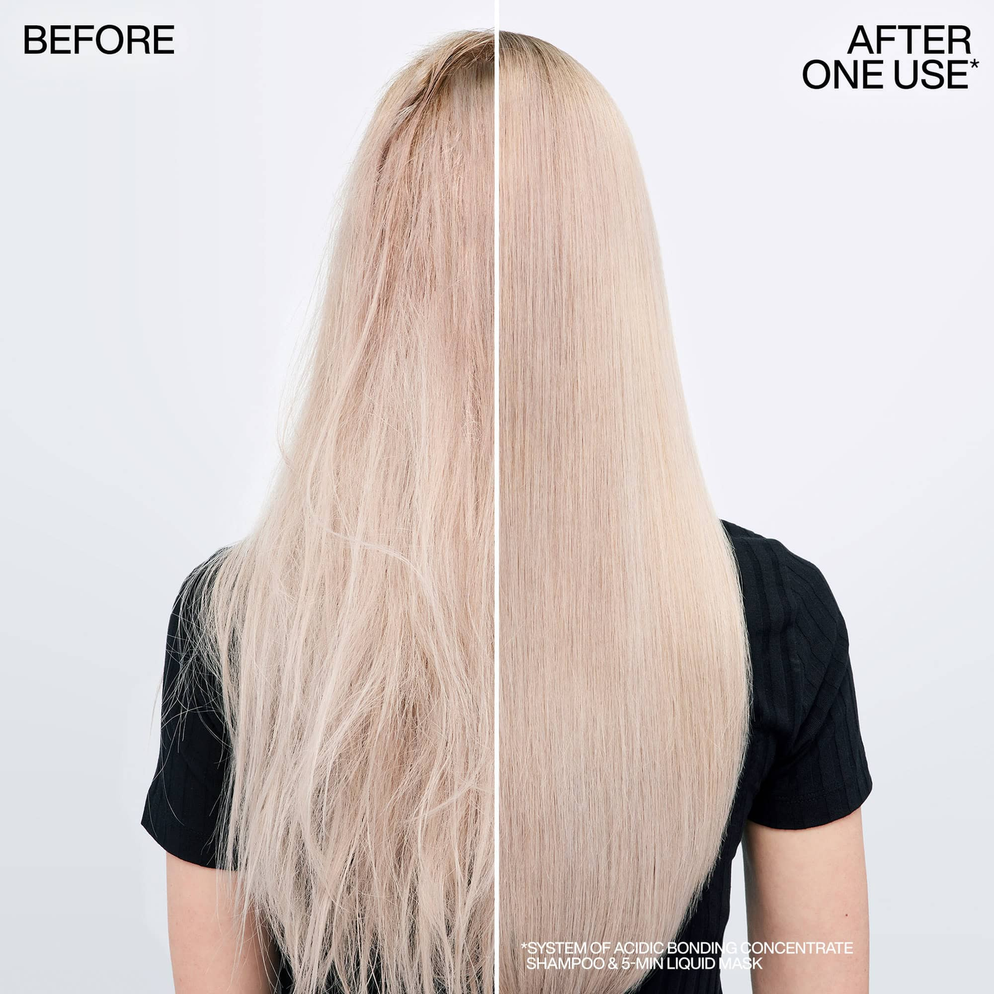 Before and after comparison of blonde hair with a white background