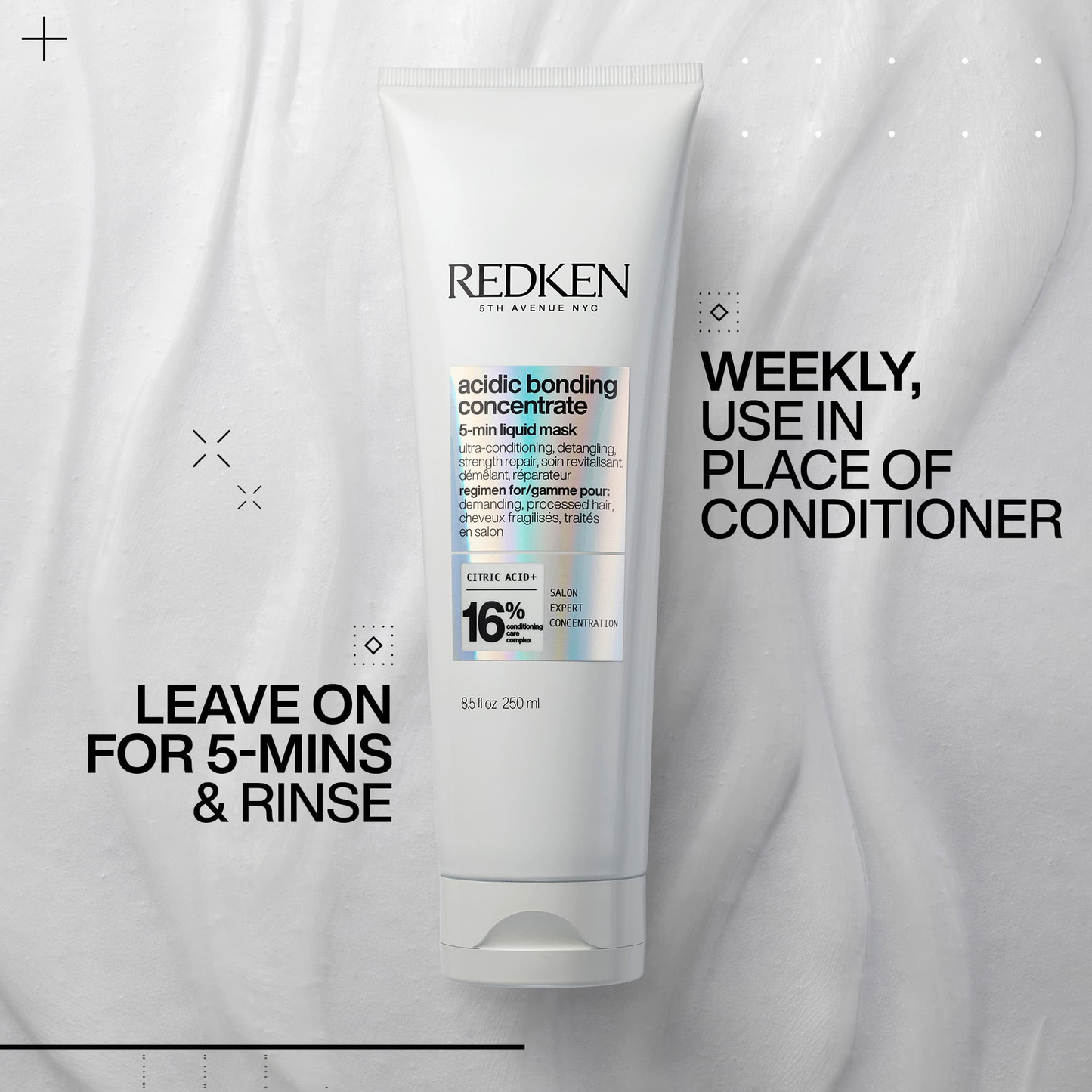 Redken product with usage instructions on a gray background