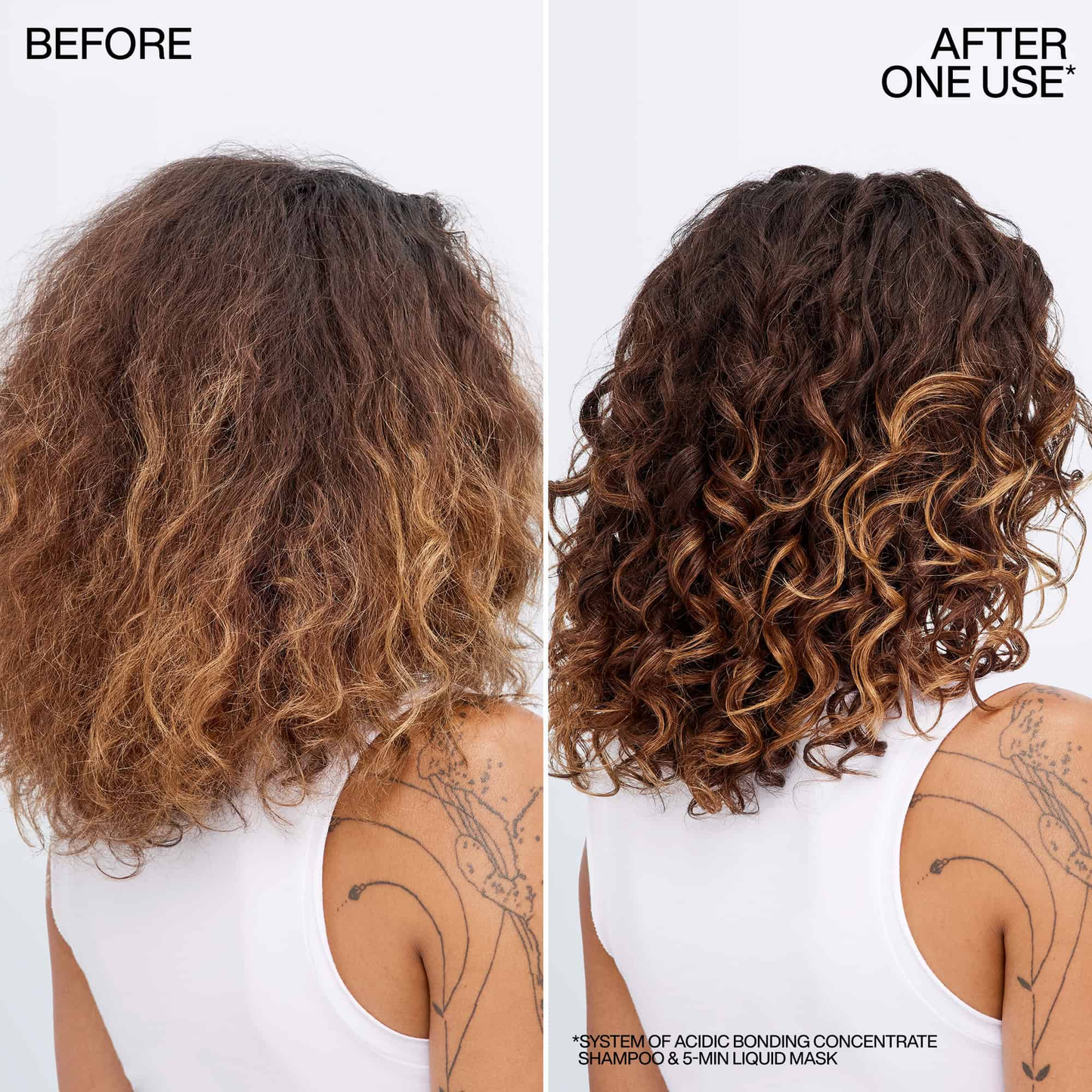 Before and after comparison of curly hair with text indicating one use of a product.