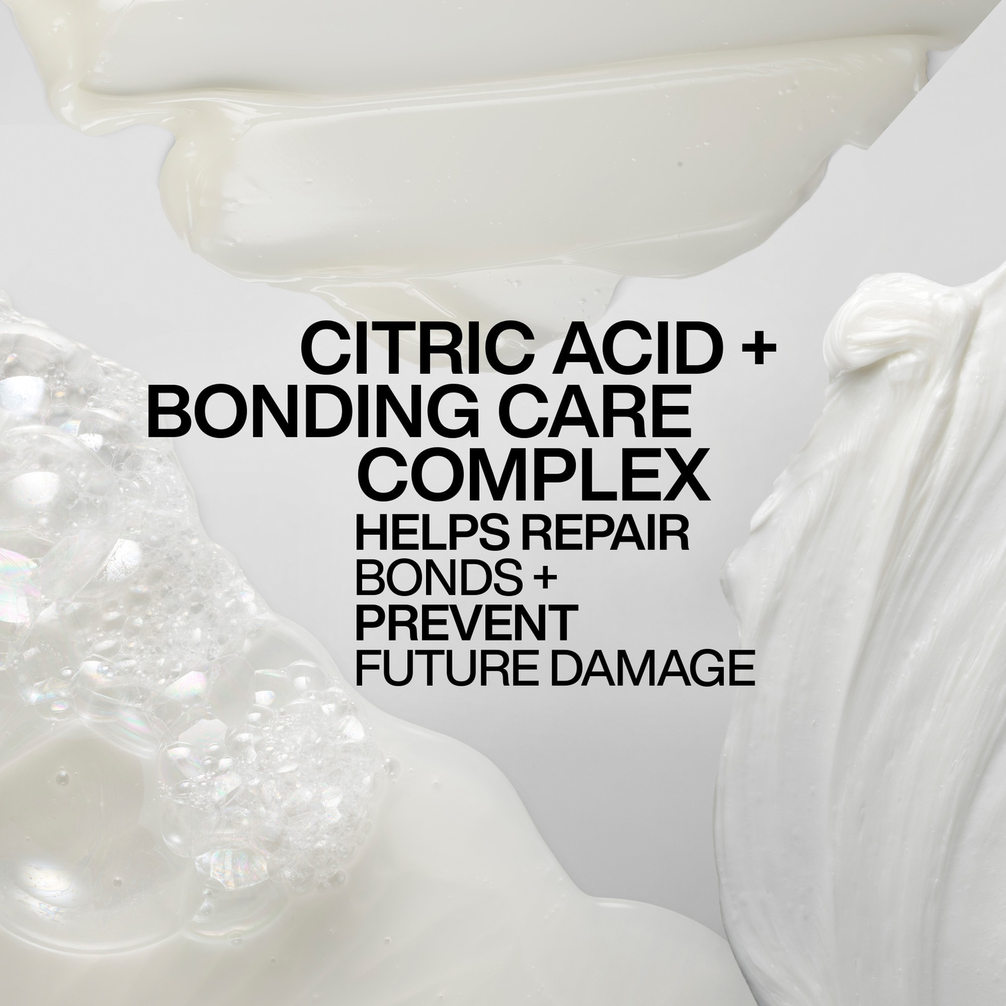 Text about citric acid and bonding care complex with a close-up of a hair product.