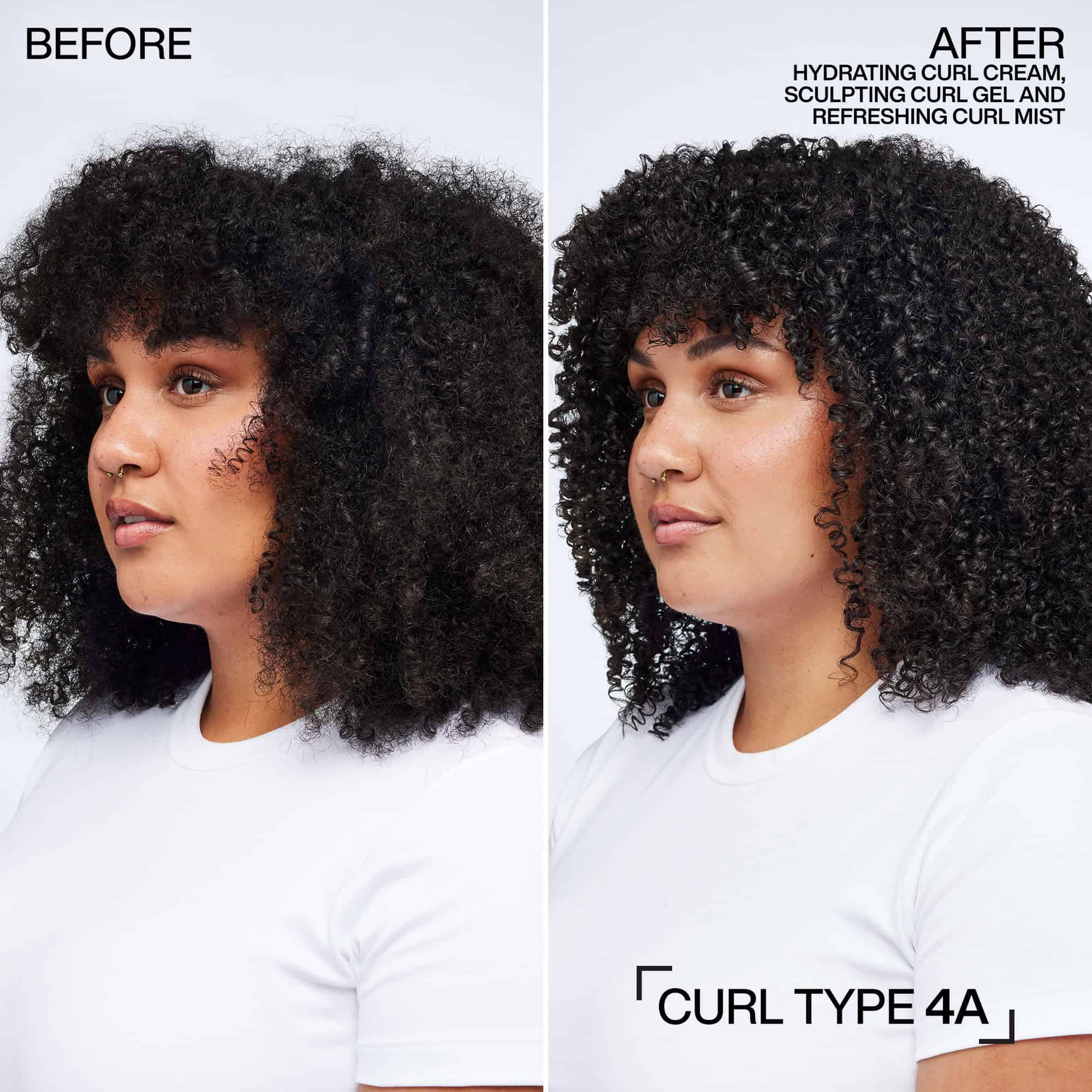 Before and after comparison of a woman's hair with curly hair, labeled as Curl Type 4A.