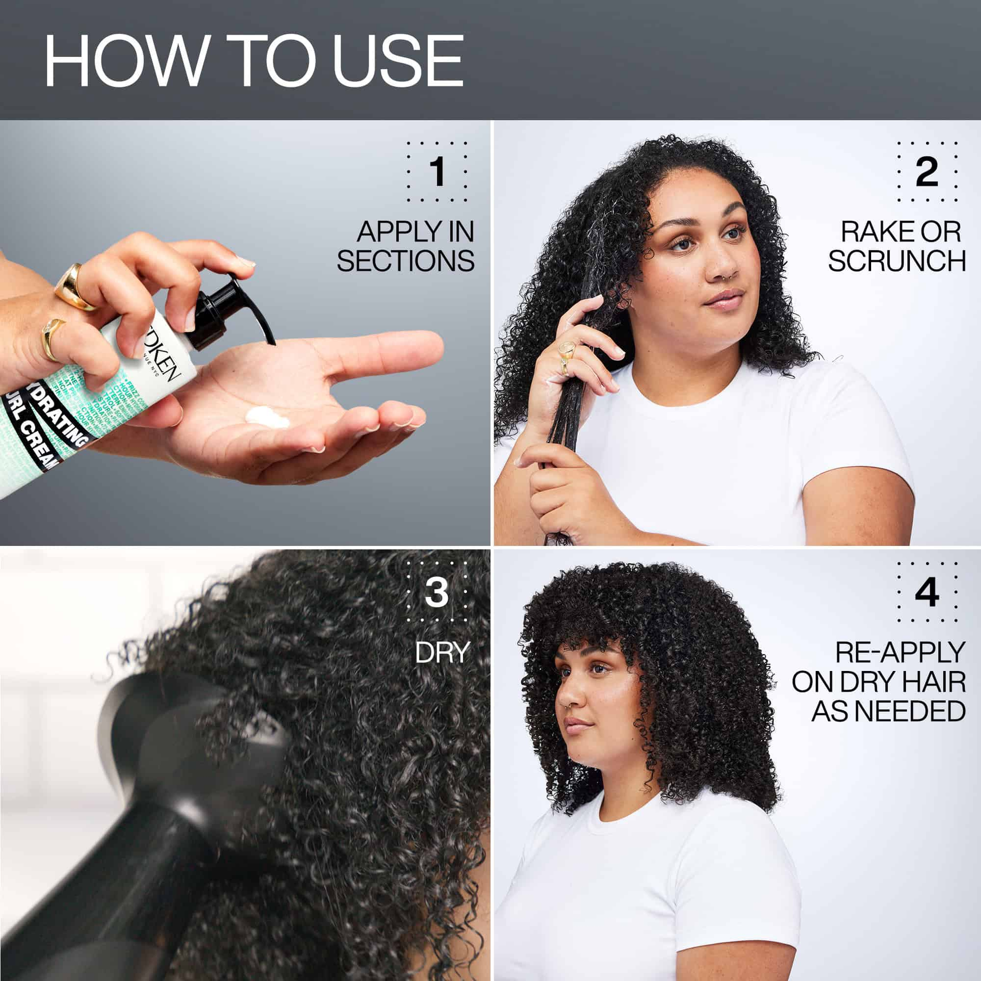 Step-by-step guide on how to use a hair product with images of application, styling, and results.