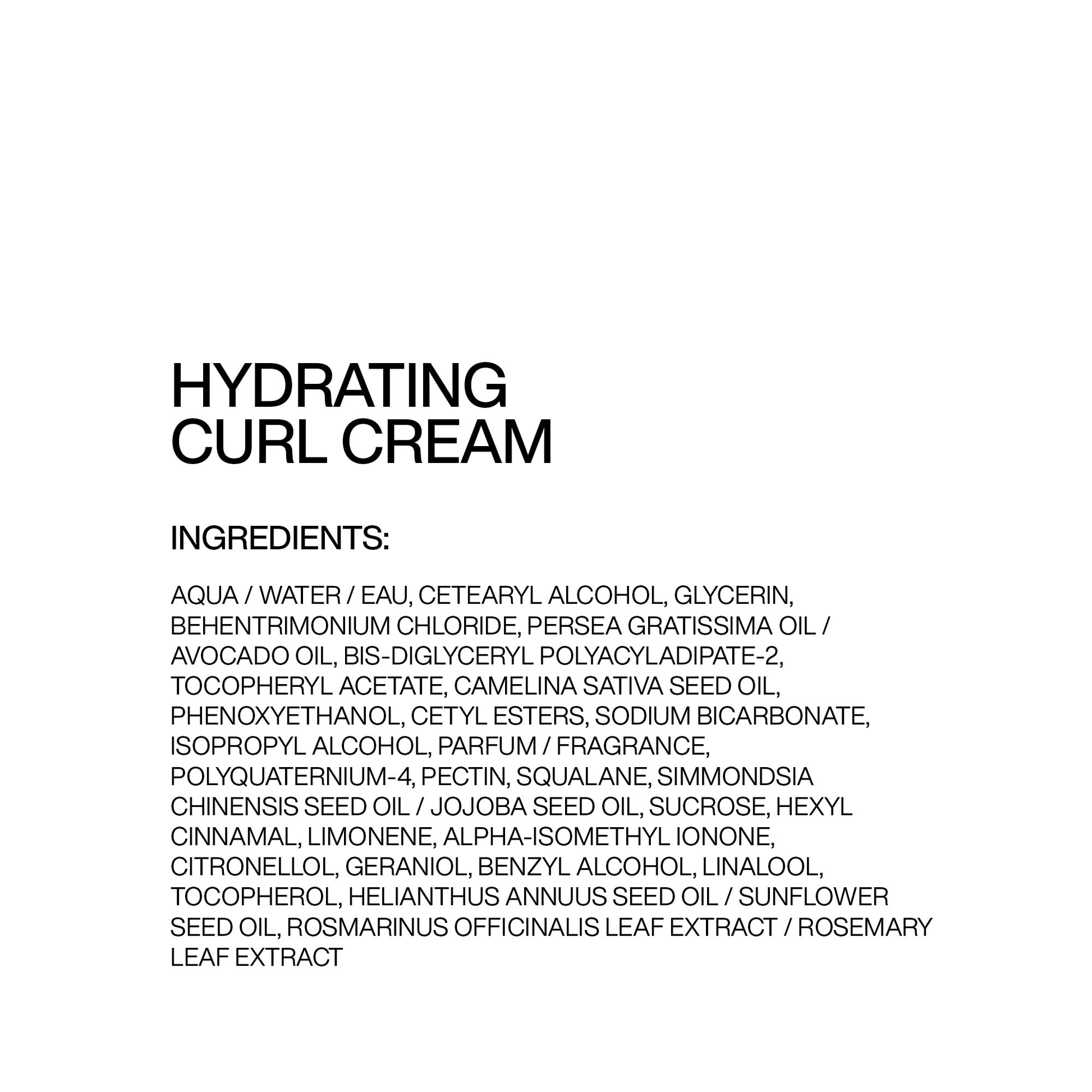 List of ingredients for hydrating curl cream on a white background