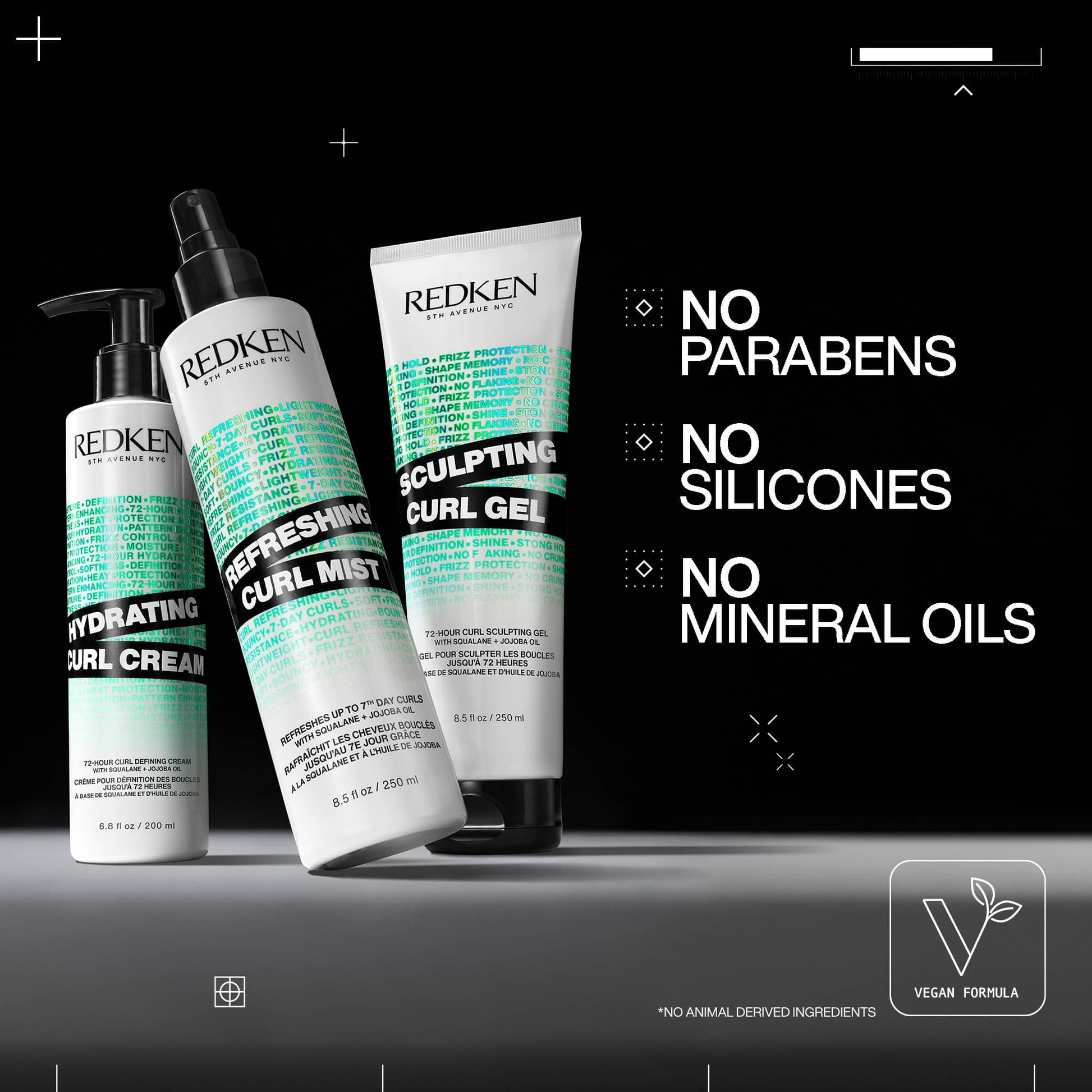 Redken hair care products with text highlighting ingredients on a black background