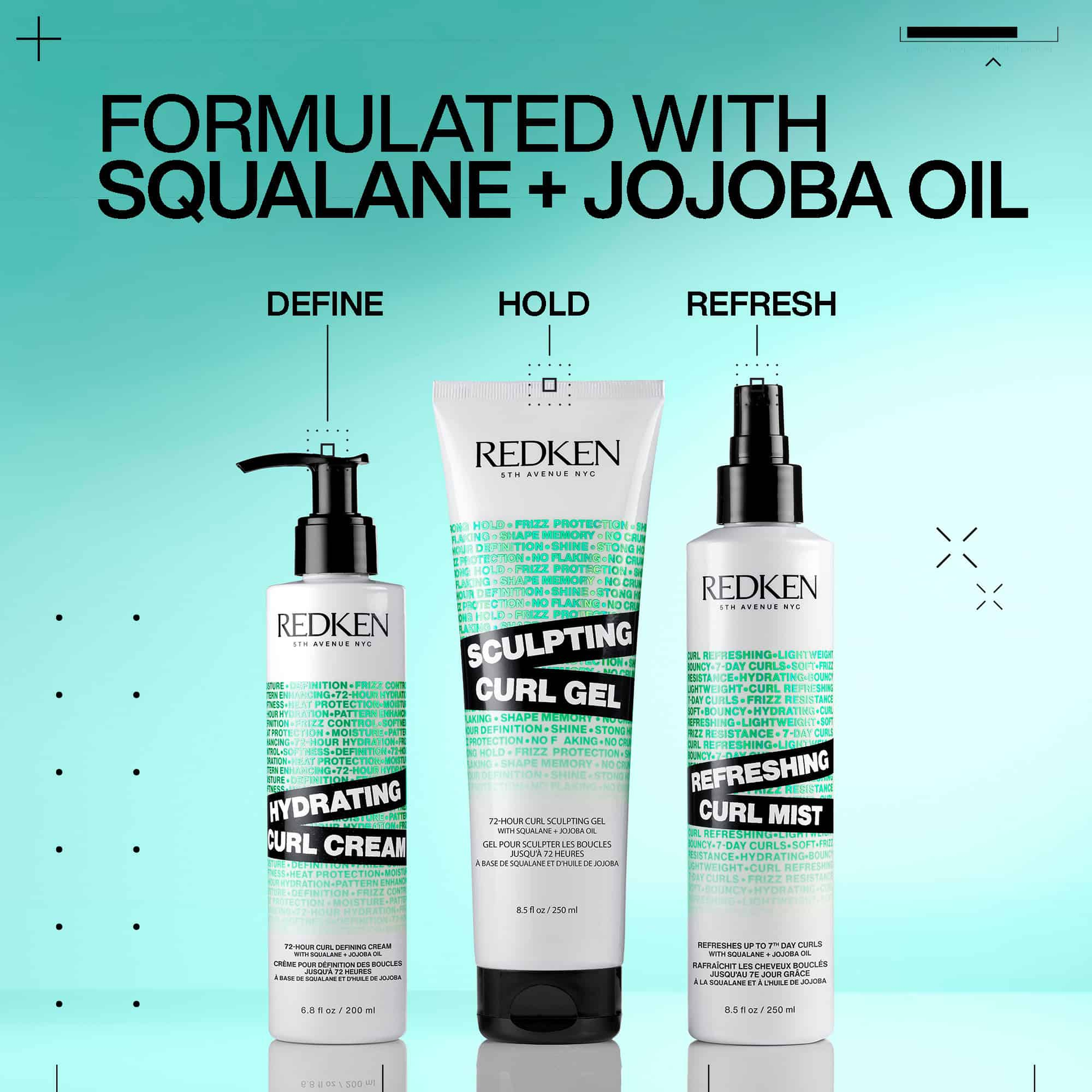Redken hair care products with text highlighting squalane and jojoba oil on a teal background
