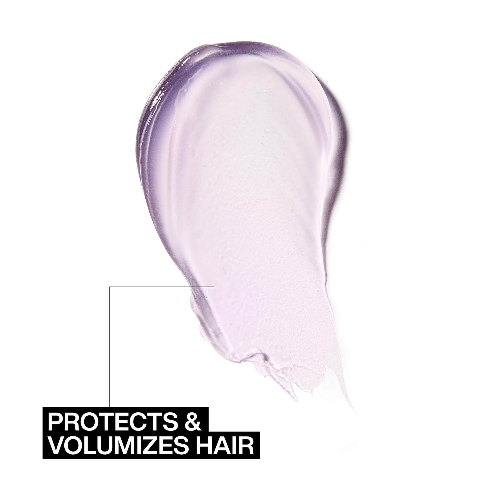 Close-up of a purple hair product with text 'Protects & Volumizes Hair' on a white background