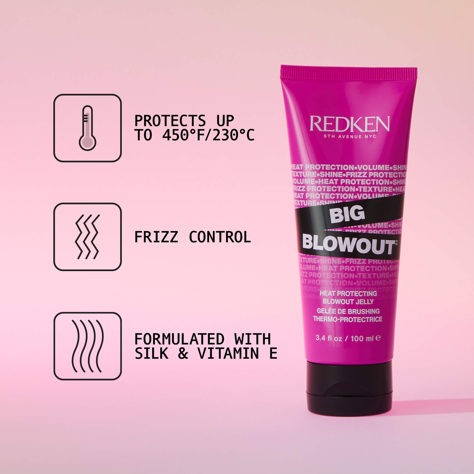Redken Big Blowout hair product on a pink background with text highlighting features.