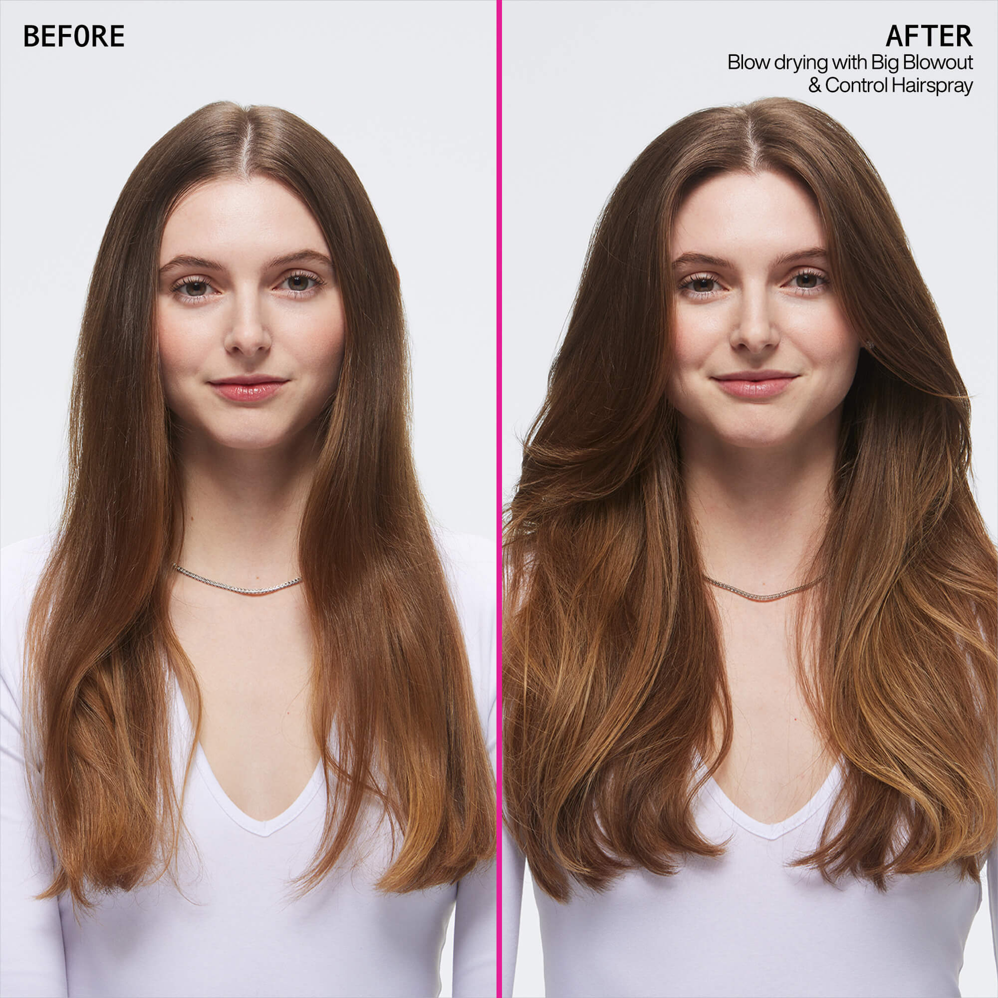 Before and after comparison of hair styled with Big Blowout and Control Hairspray.