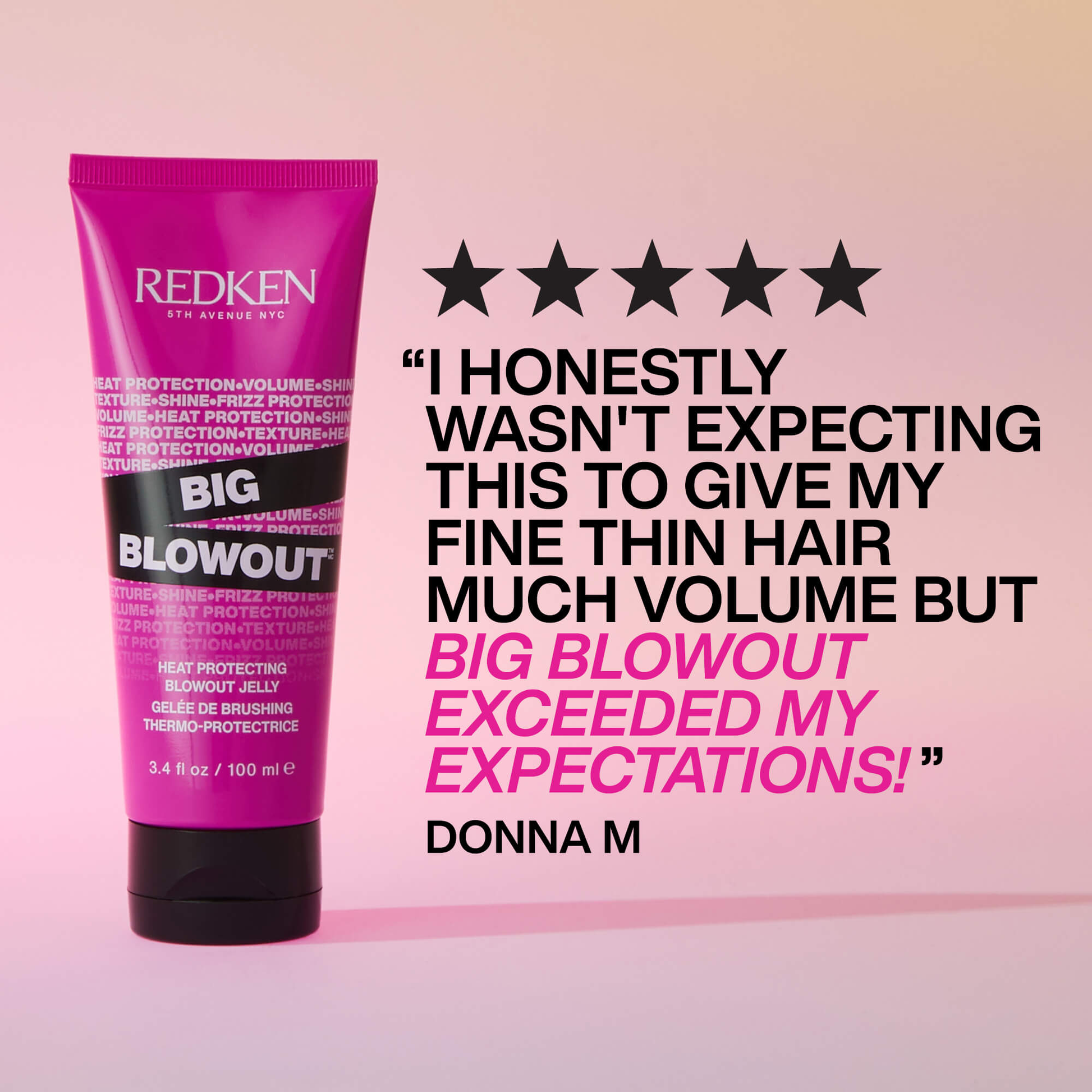 Redken hair product with customer review on a pink background