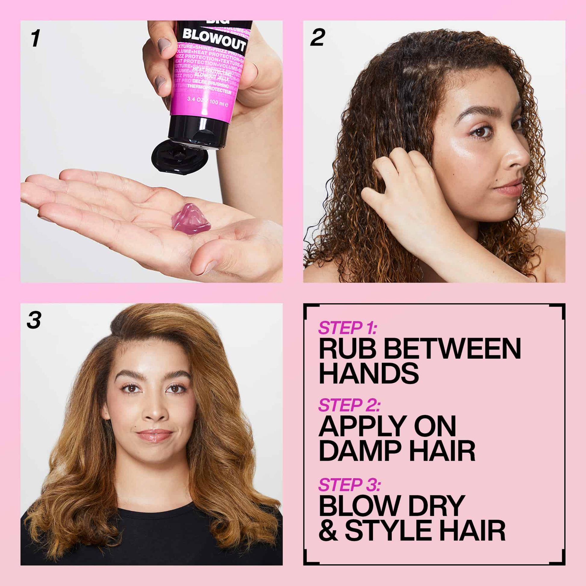 Step-by-step guide on using a hair product with images of a woman applying it and text instructions.