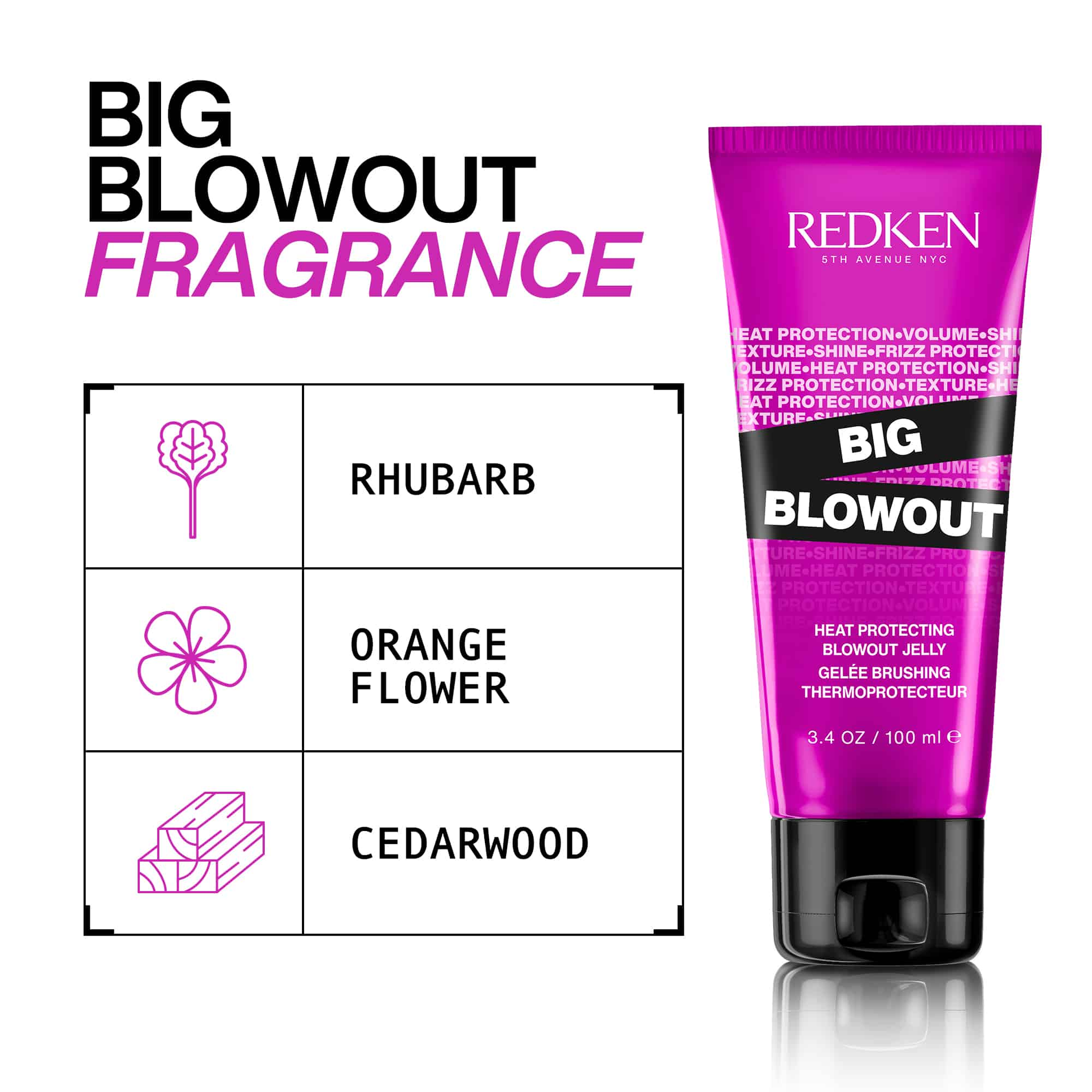 Redken Big Blowout fragrance tube with flavor information on a white background