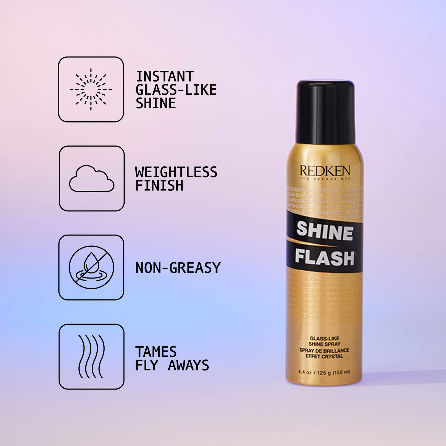 Redken Shine Flash spray bottle with product features on a gradient background