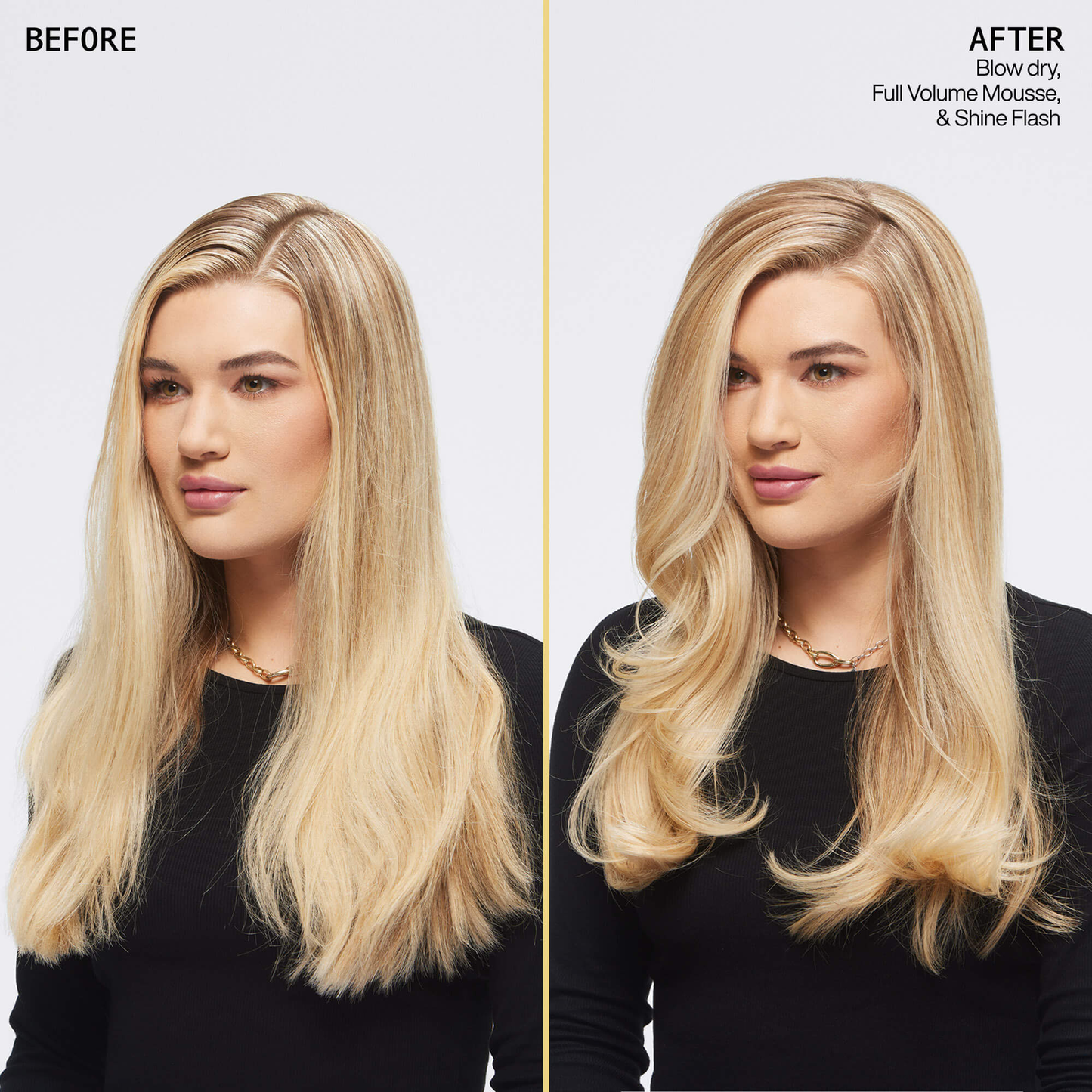 Before and after comparison of a woman's hair with a product application.