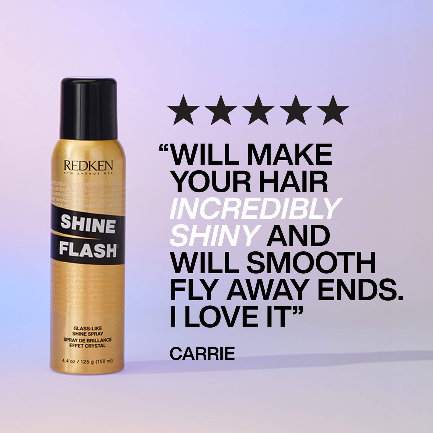 Redken Shine Flash hair spray bottle with customer review on a gradient background