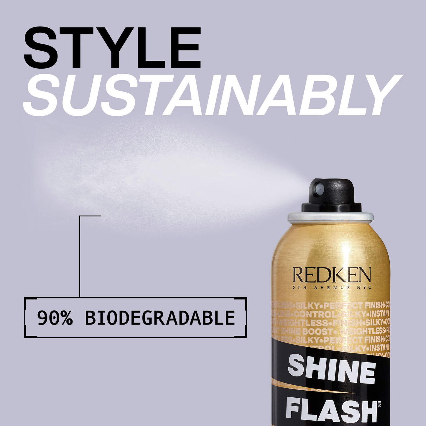 Redken Shine Flash spray can with 'Style Sustainably' text and biodegradable label on a light purple background