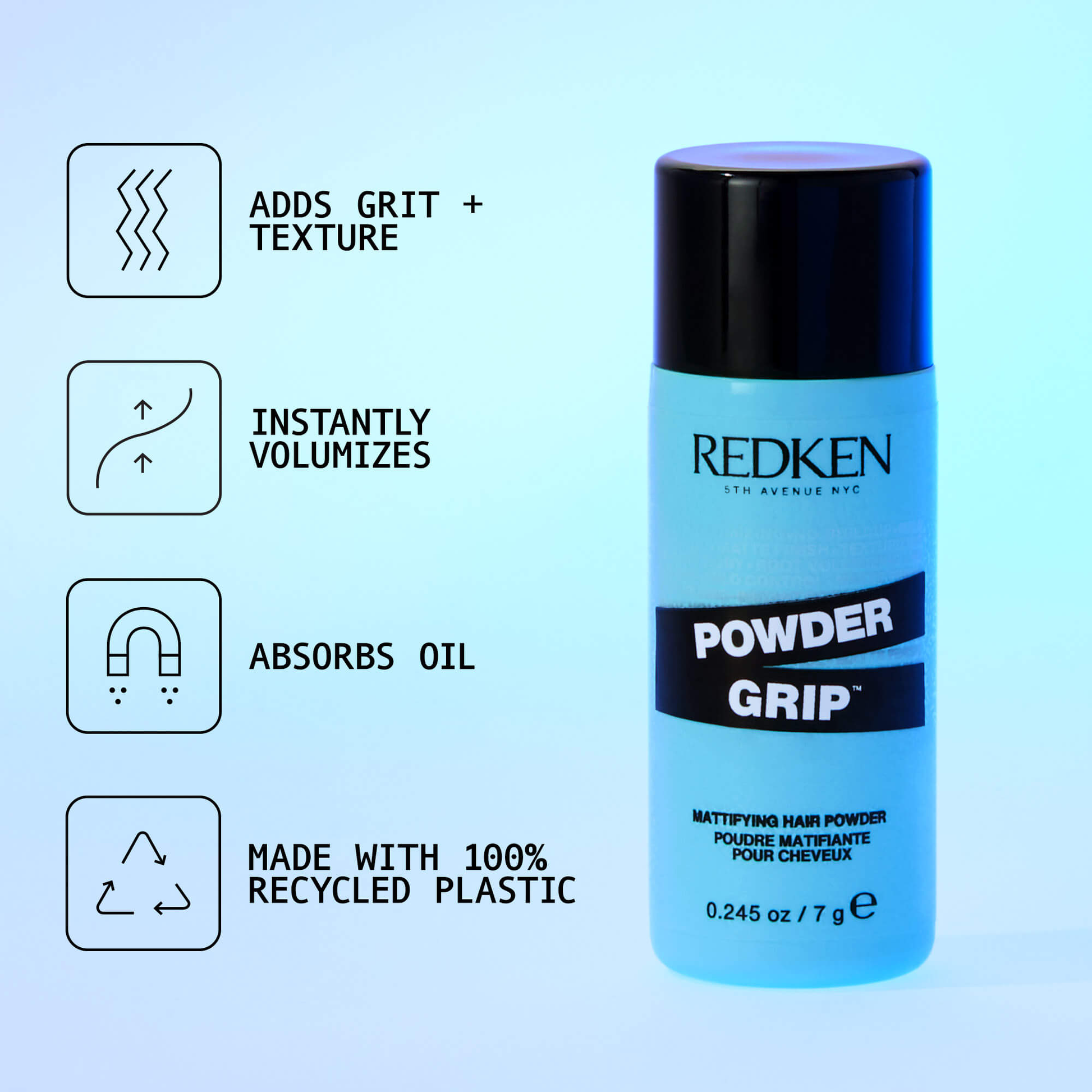 Redken Powder Grip hair product with features on a light blue background