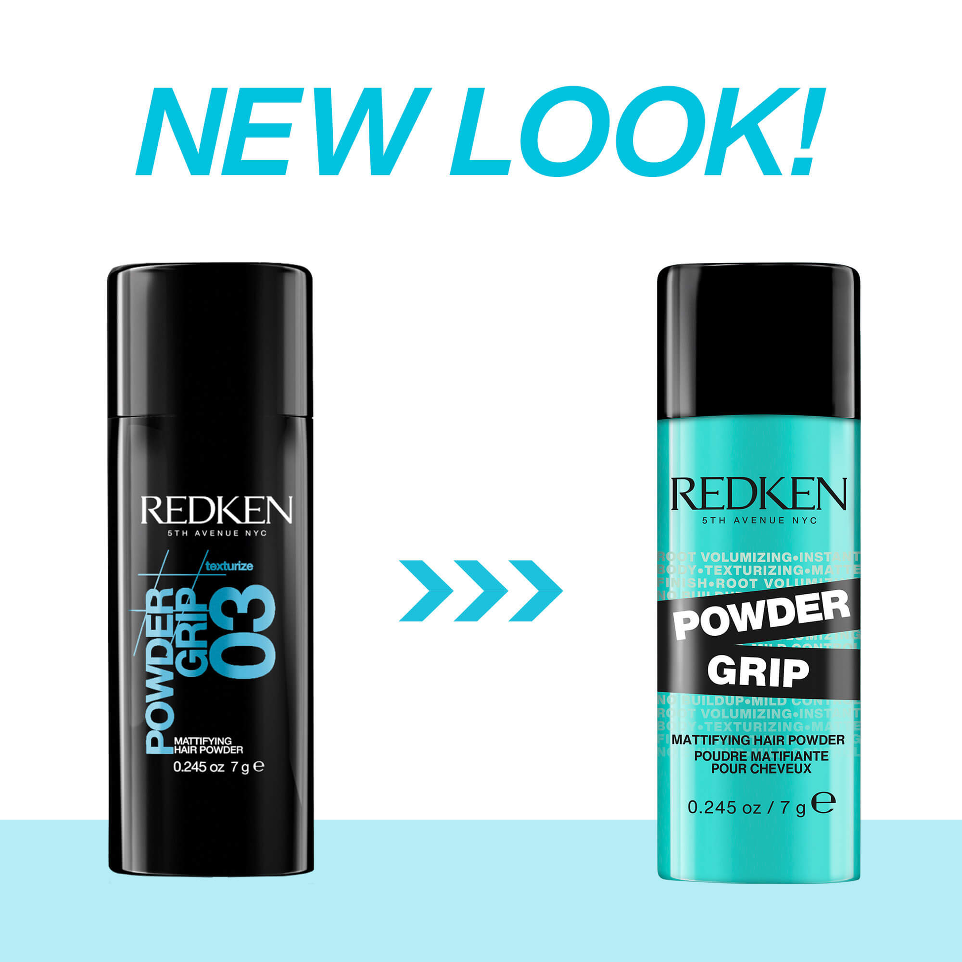 Two Redken hair product bottles with 'NEW LOOK!' text on a white background