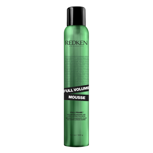 Green bottle of Redken Full Volume Mousse on a white background