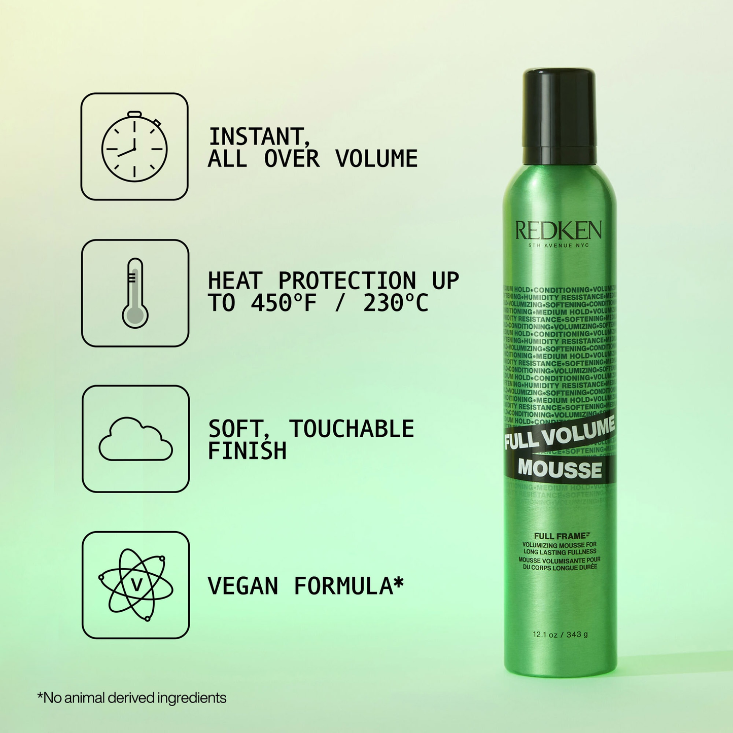 Green bottle of Redken Full Volume Mousse with product features on a light green background