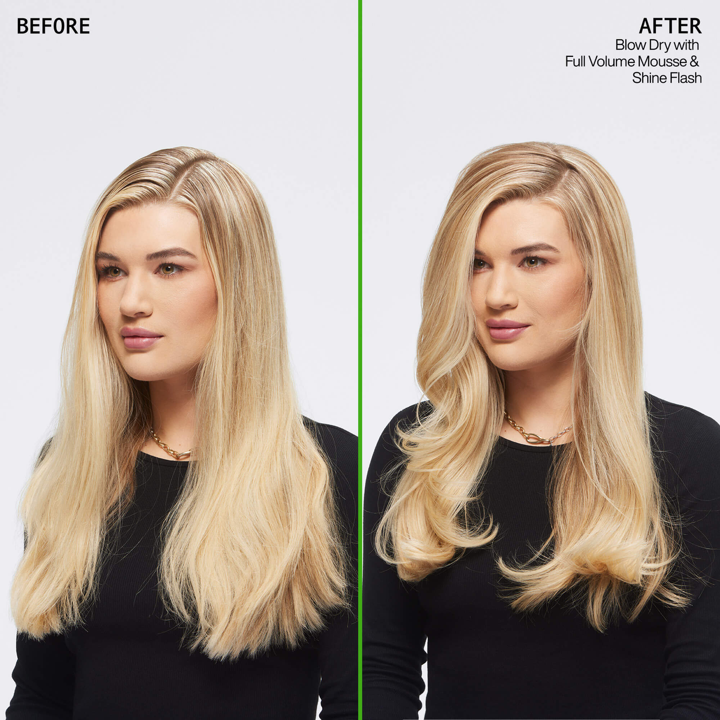 Before and after comparison of a woman's hair styled with a product, on a plain background.