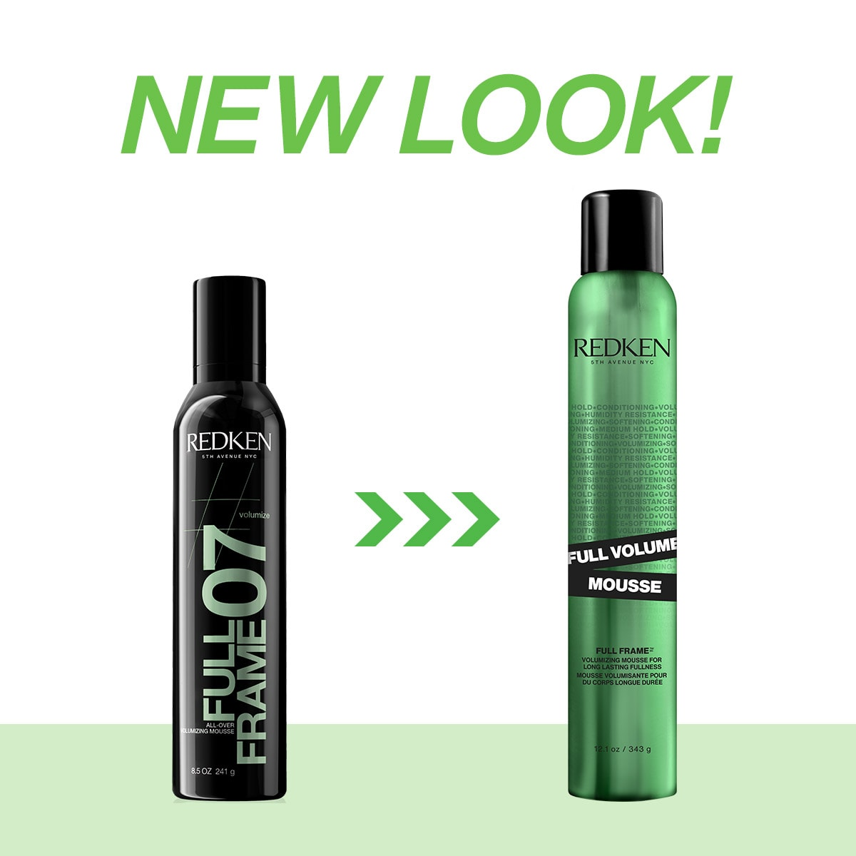 Two hair product bottles, one black and one green, with 'NEW LOOK!' text above them on a white background.