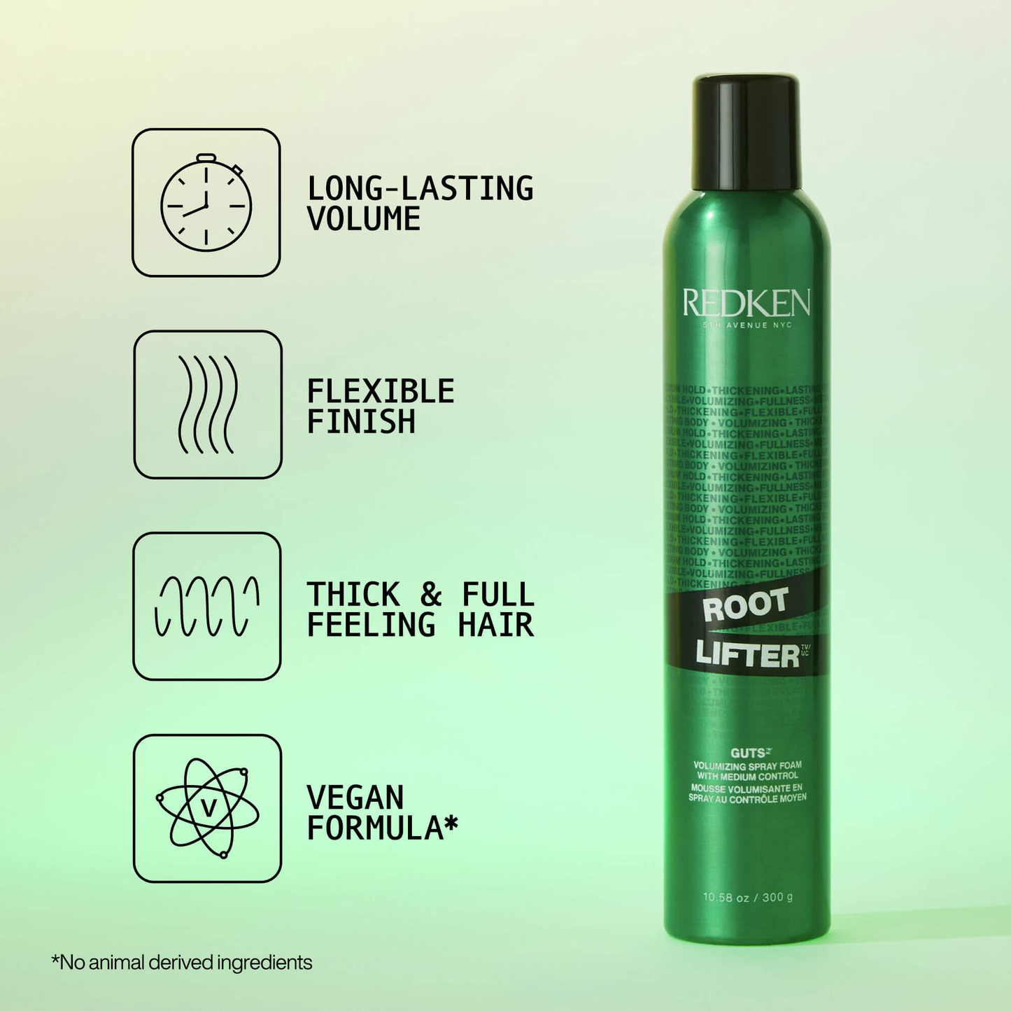 Green hair product bottle with text on a light green background