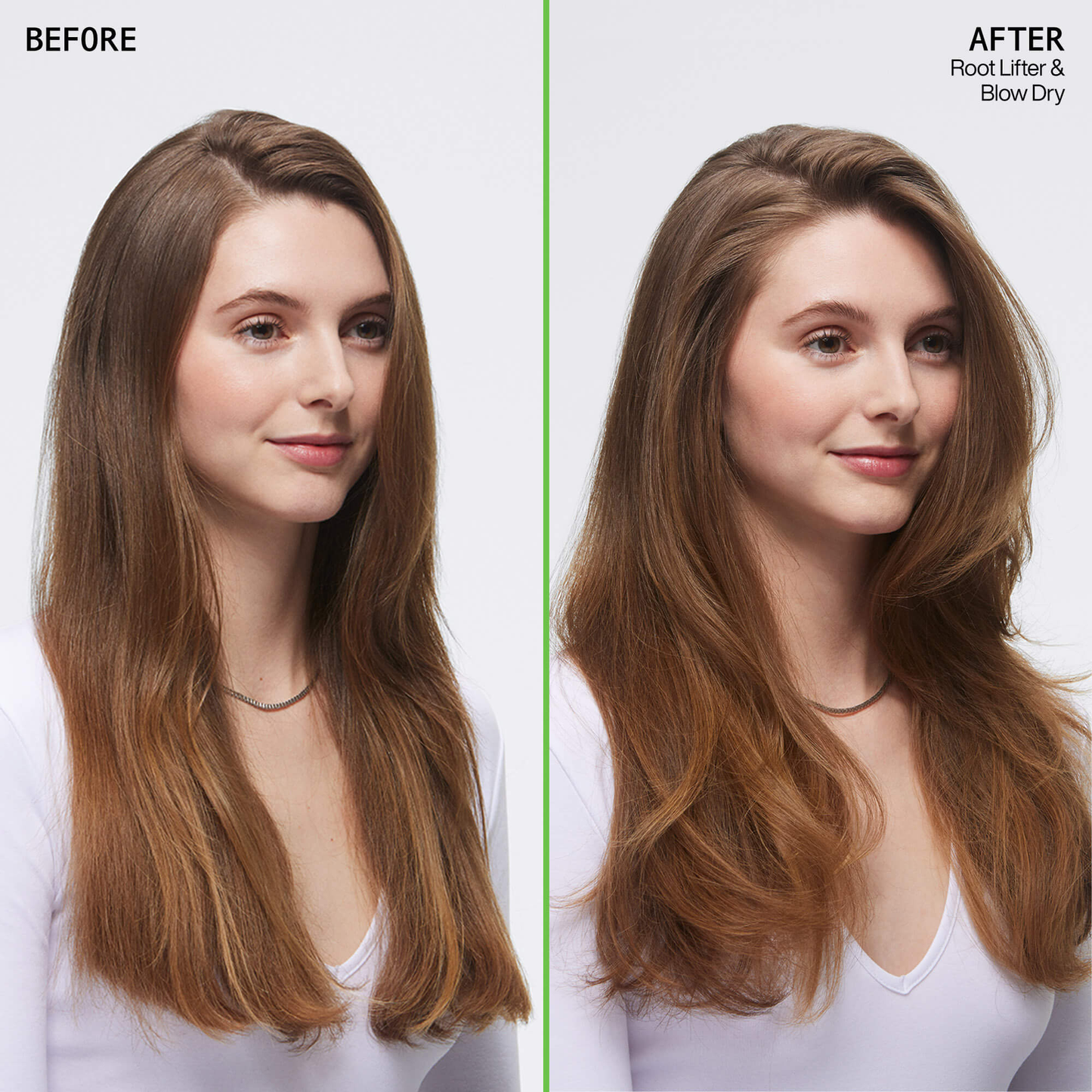 Before and after comparison of a woman with long hair, showing a root lifter and blow dry effect.