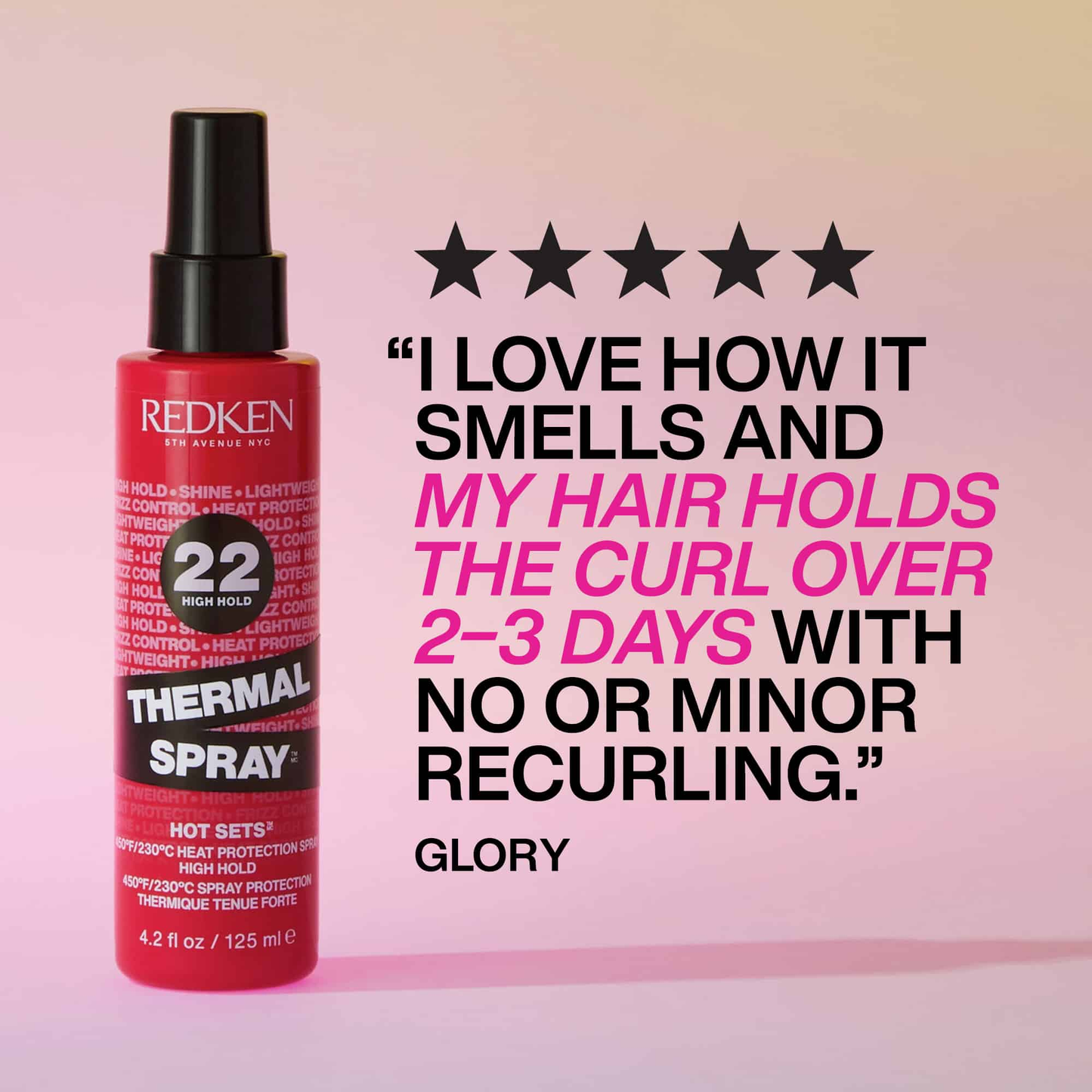 Redken thermal spray bottle with customer review on a pink background