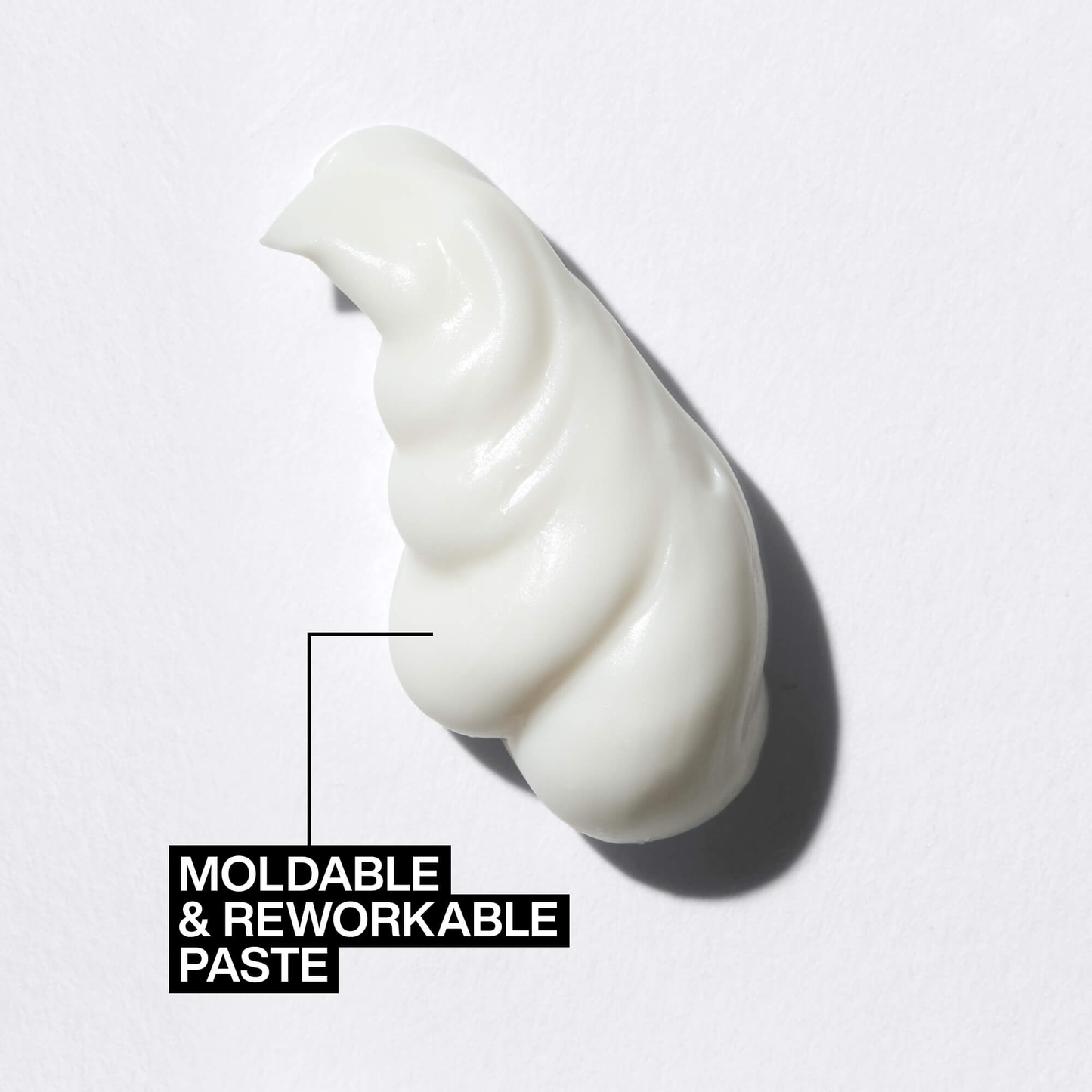 White paste swirl on a light gray background with text 'Moldable & Reworkable Paste'.