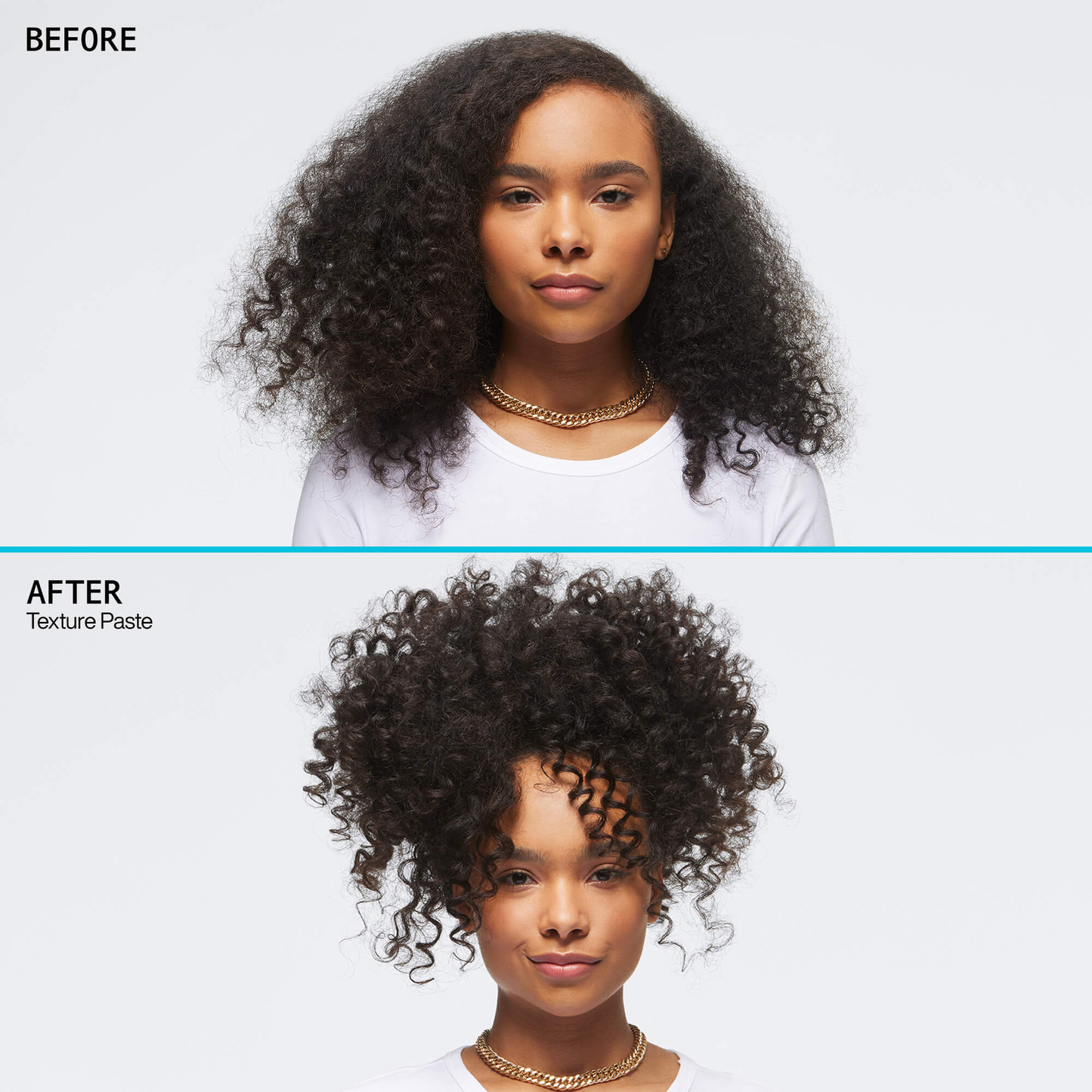 Before and after comparison of a woman's hair styled with texture paste on a white background.