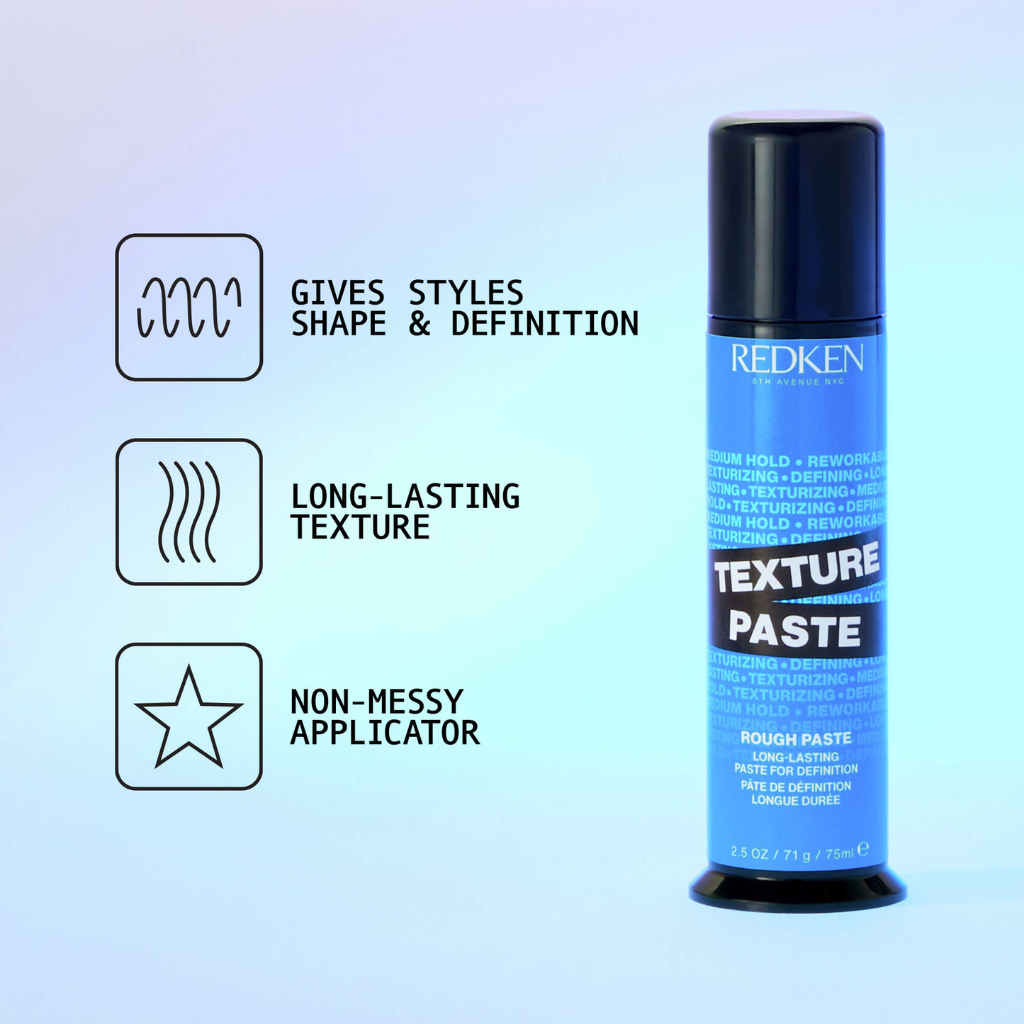 Redken Texture Paste bottle with product features on a light blue background