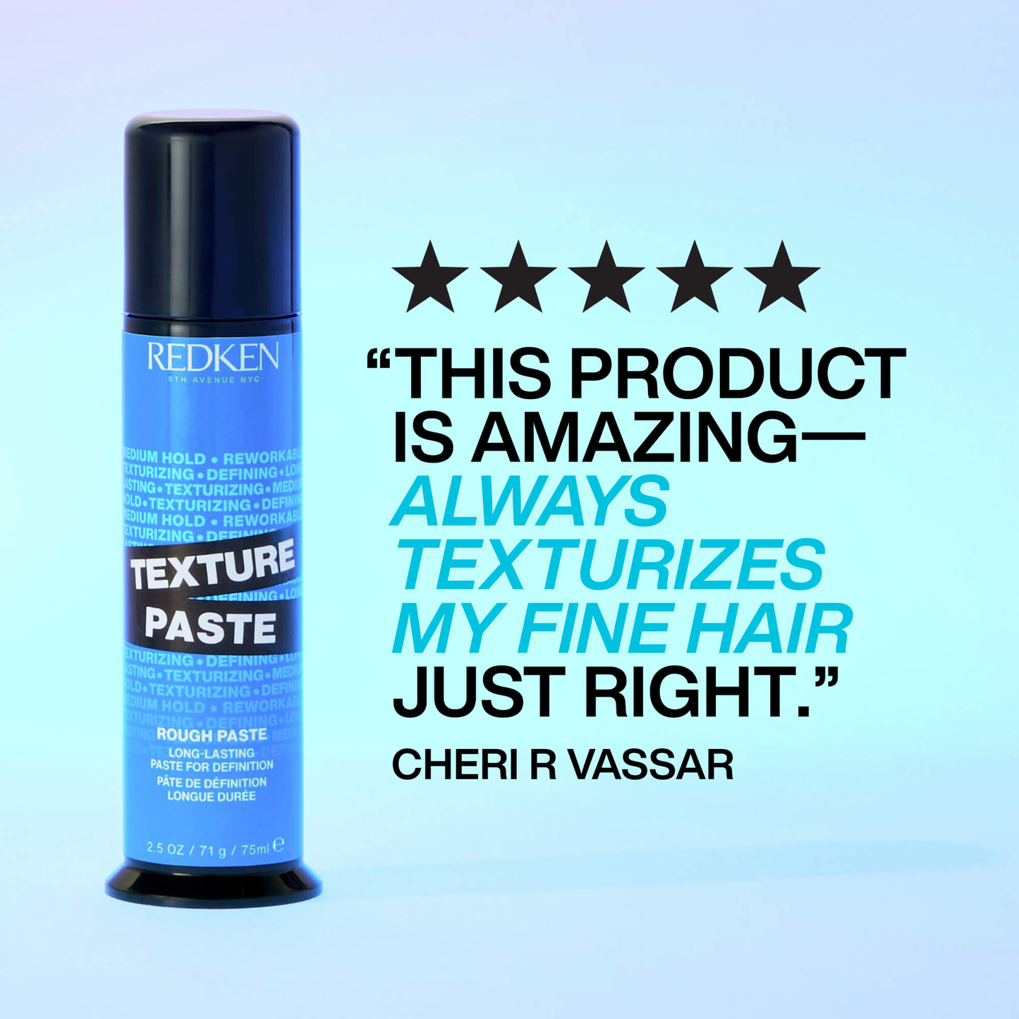 Redken Texture Paste bottle with customer review on a light blue background