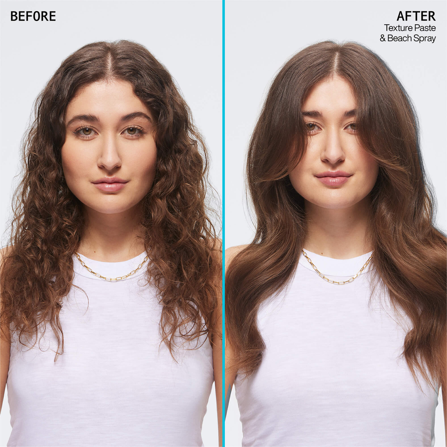 Before and after comparison of hair styled with texture paste and beach spray.