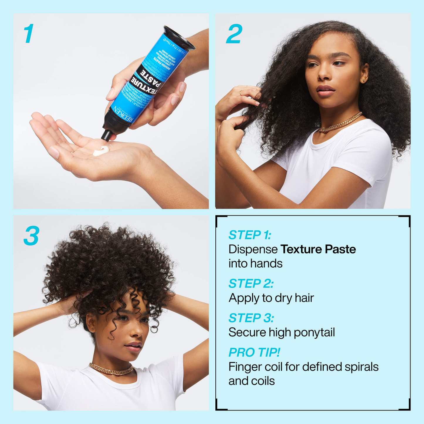Step-by-step guide on using texture paste for hair, with a woman applying it to her hair.