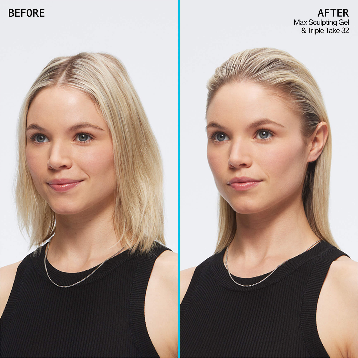 Before and after comparison of a woman with styled hair using Max Sculpting Gel and Triple Take 32.