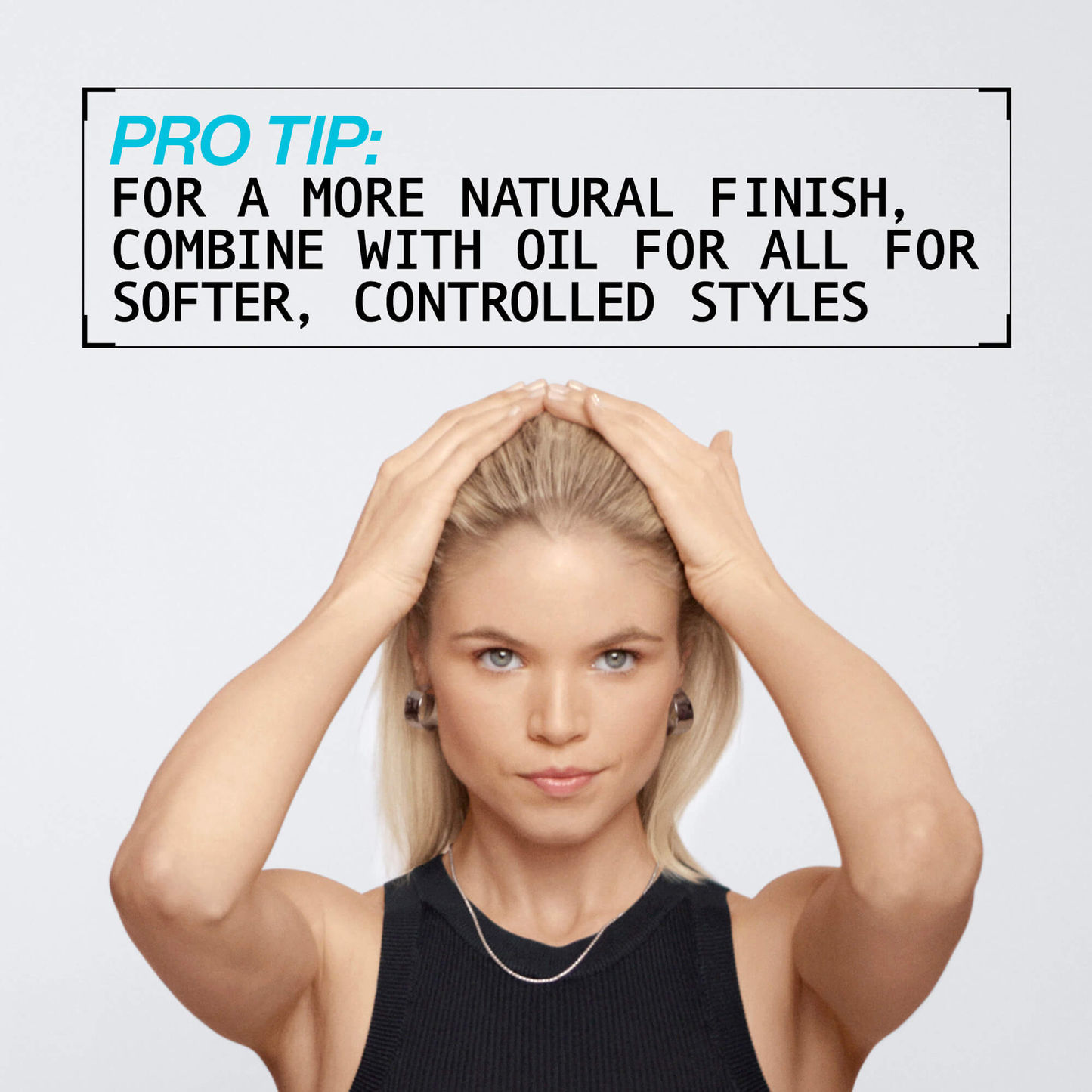 Woman with blonde hair holding her head, with text overlay on a light gray background