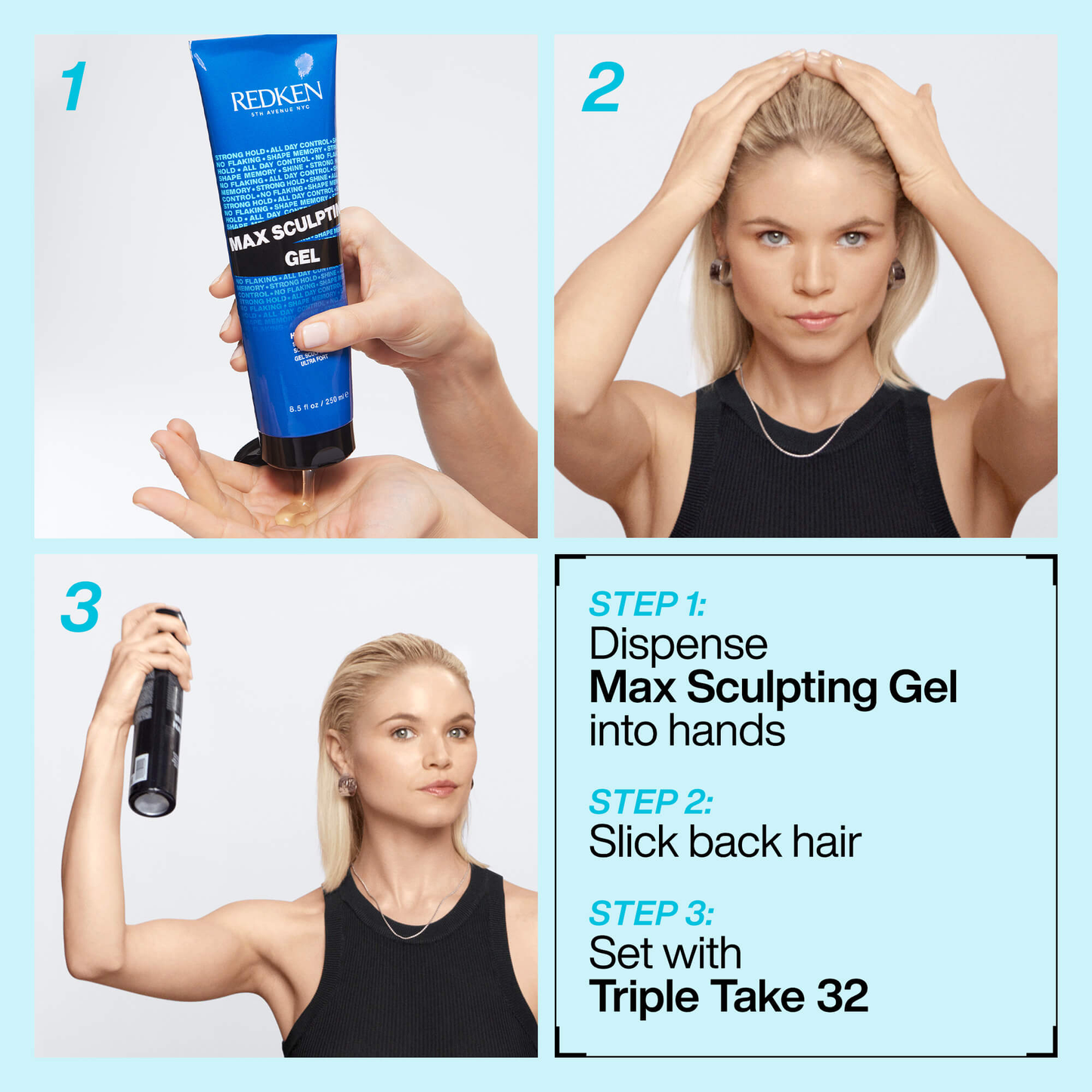 Redken Max Sculpting Gel demonstration with a woman styling her hair.
