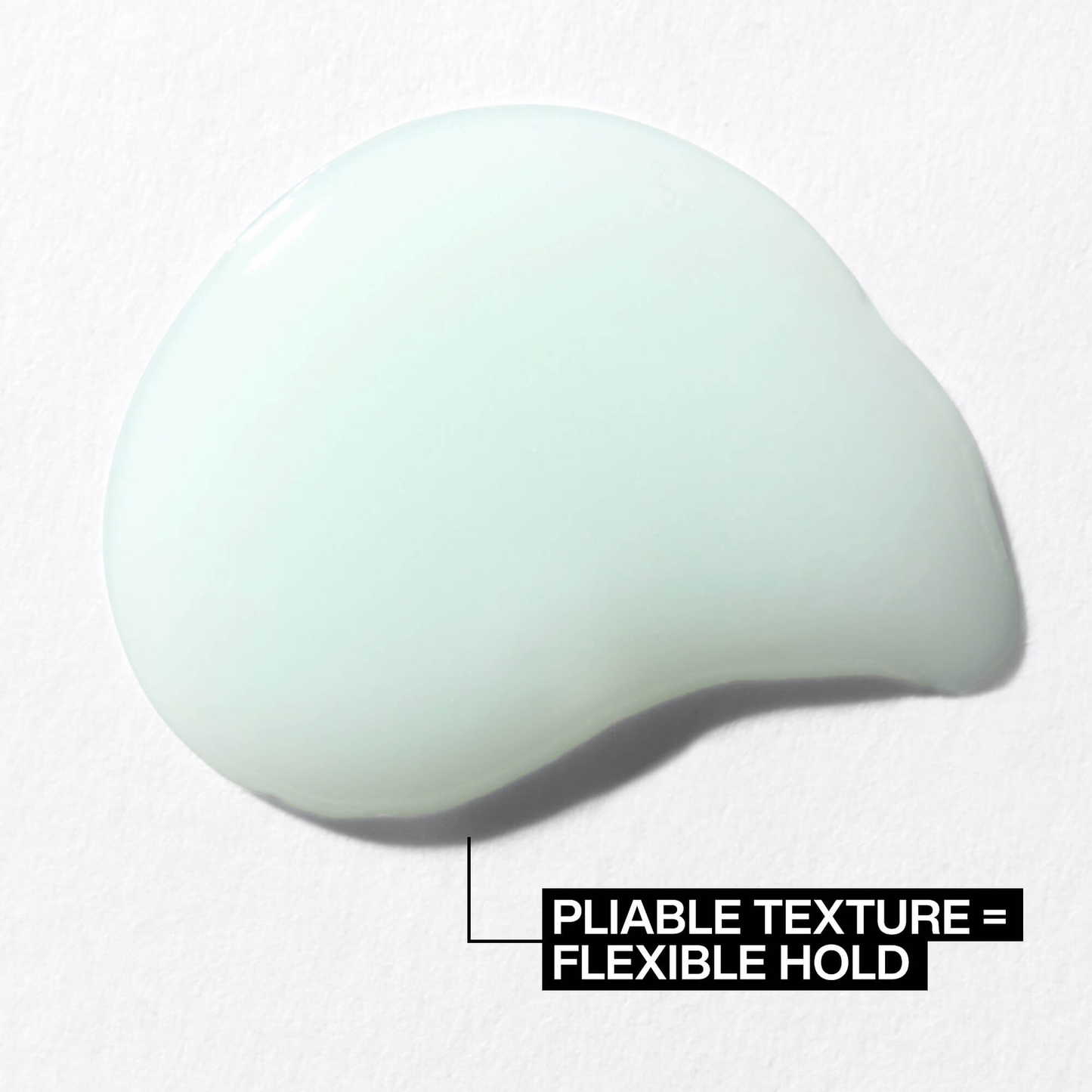Mint green hair product on a white background with text 'Pliable Texture = Flexible Hold'.