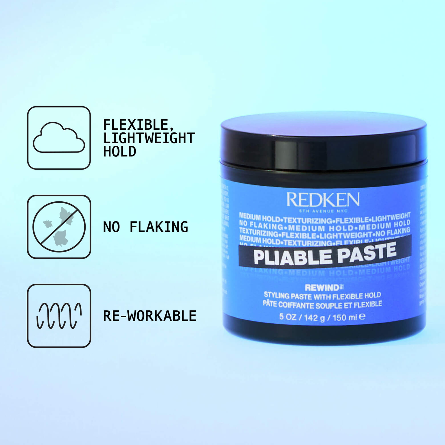 Redken Pliable Paste jar with features on a light blue background